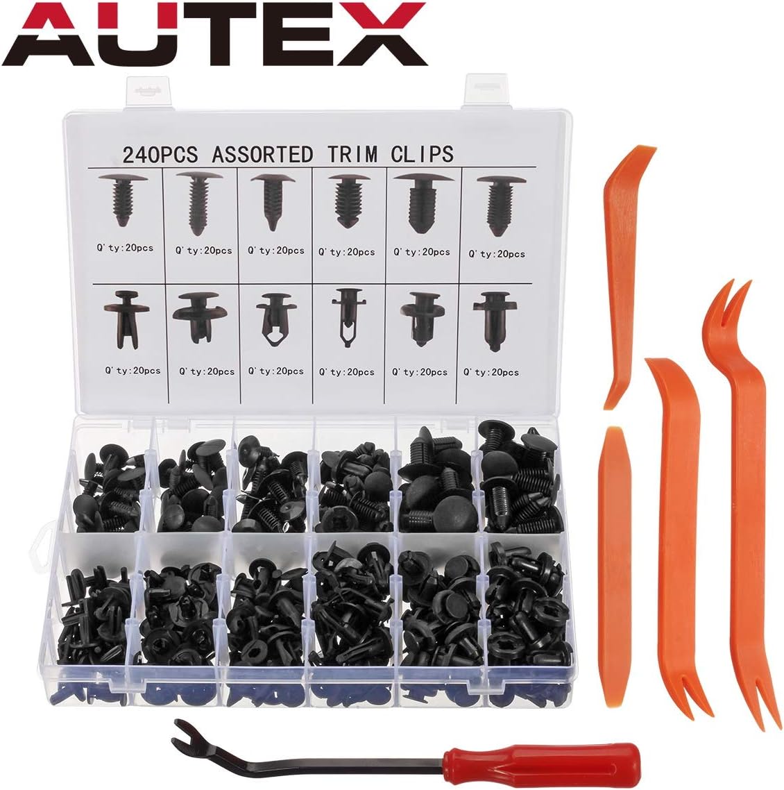 AUTEX Trim Clips, 240pcs Universal Mounting Clips for your Car, Door Panel Brackets Bumpers Push Pin Rivets Clip Set with 4 pcs trim strips set, and a lever tool