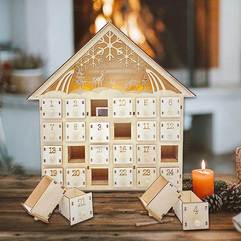 Calendrier De L'Avent De Noël En Bois Avec Tiroirs De Rangement - Compte à Rebours Lumineux à LED - Décoration De Bureau - Cadeau De Vacances