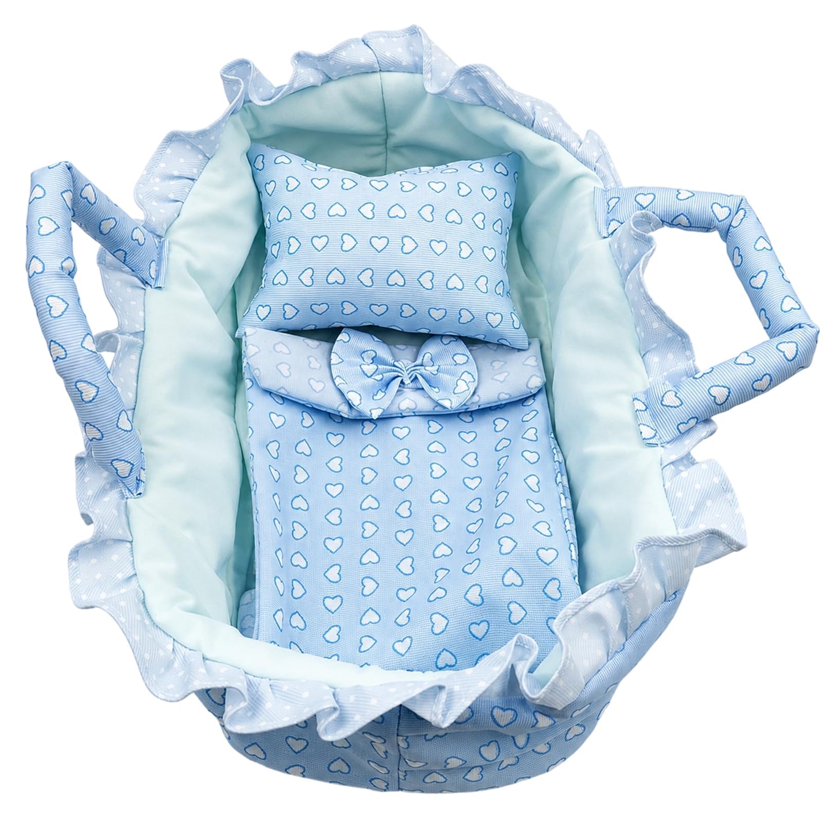 WORUIB Baby Doll Carrier, Portable Doll Bed and Cradle with Handle, 30 cm Blue Heart Design Baby Doll Crib, Ideal for Travel and Nurturing Play, Doll Nursery Accessory