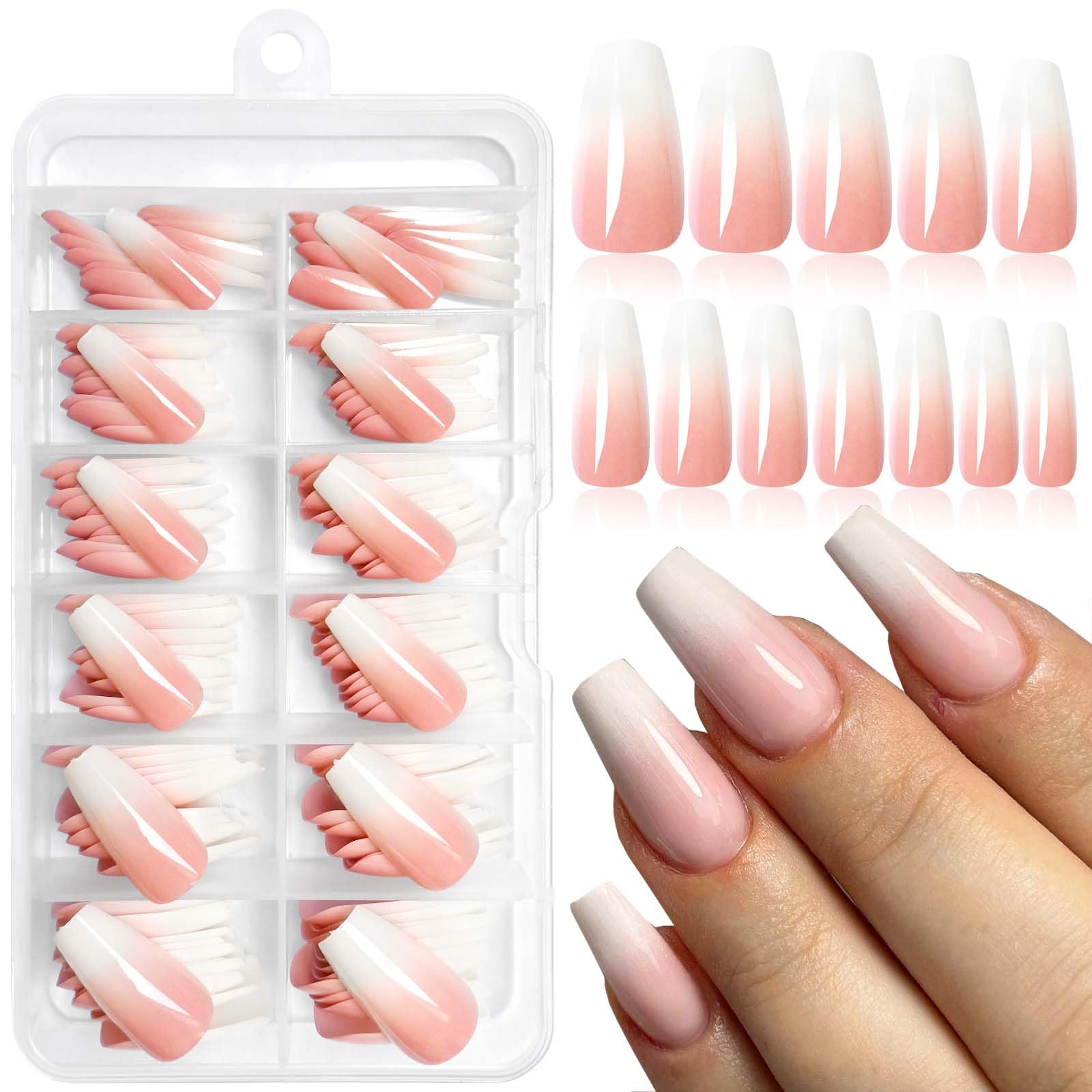 Loveourhome 144pc Ombre Coffin Press on Nails Medium Fake Nails with Glue Tabs, Ombre Glue on Nails Medium Acrylic Nails Press on Nails Coffin False