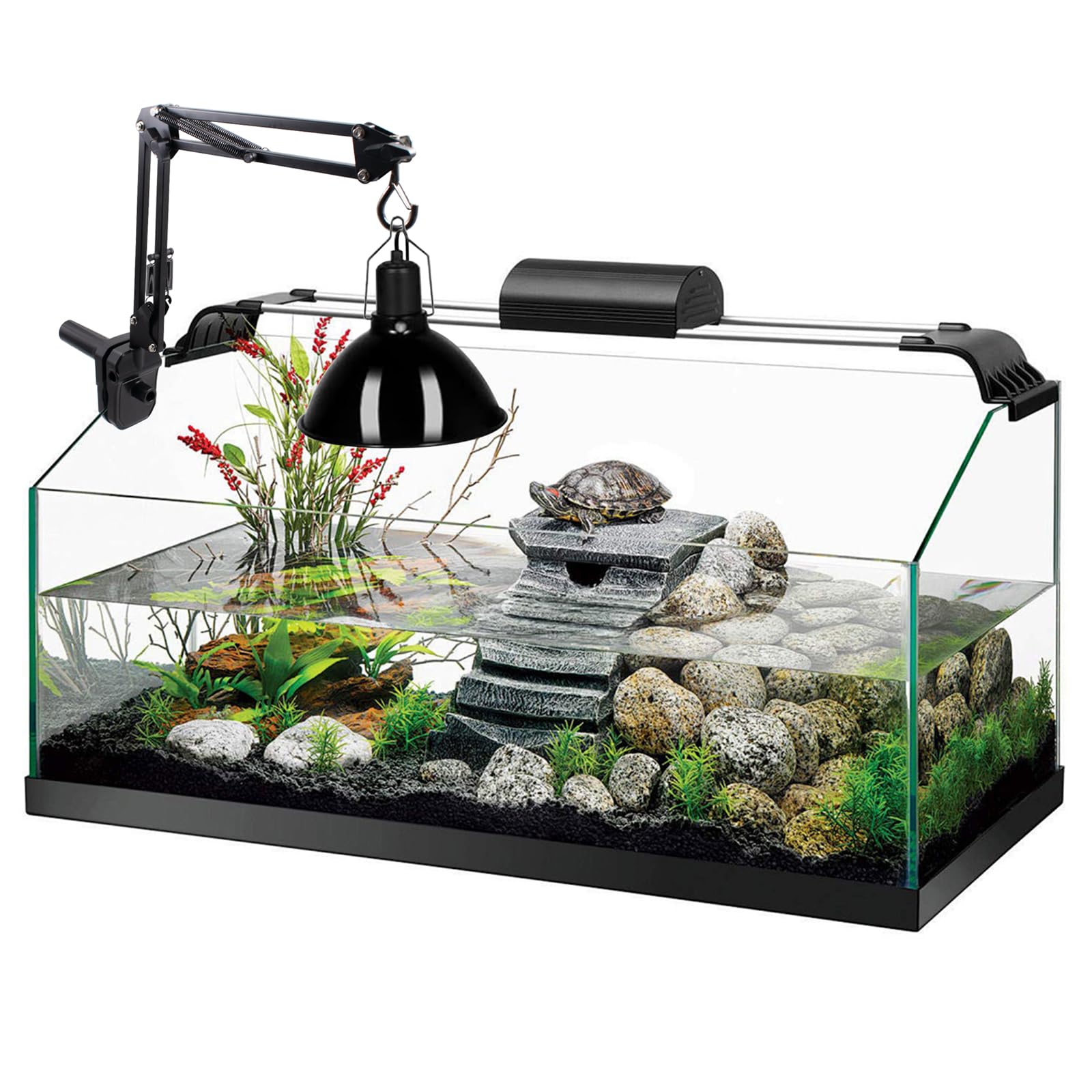 Reptile Heat Lamp Stand Clip-Type, Black Metal Multi-Position Adjustable Light Holder with 360°Swing Arm for Clipping onto Fish Tank, Turtles