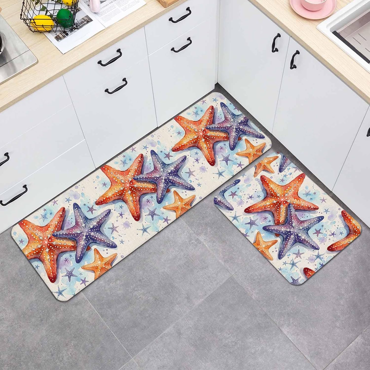 Prime Leader Summer Beach Starfish Kitchen Mat Set 2 Pieces Nautical Watercolor Purple Orange Starfish Non Slip Kitchen Rugs Washable Runner Rug Mats for Sink Laundry (15.7" x 23.6"+15.7" x 47.2")