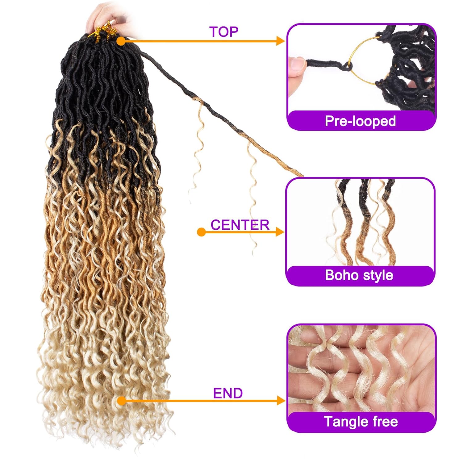 ZRQ 8 Packs 3 Tone Goddess Locs Crochet Hair 30 Inch Ombre Bohemian Locs 1B27613, Long Boho Faux Locs Crochet Braids, Pre Lood River Locs With Curly End 1B27613#