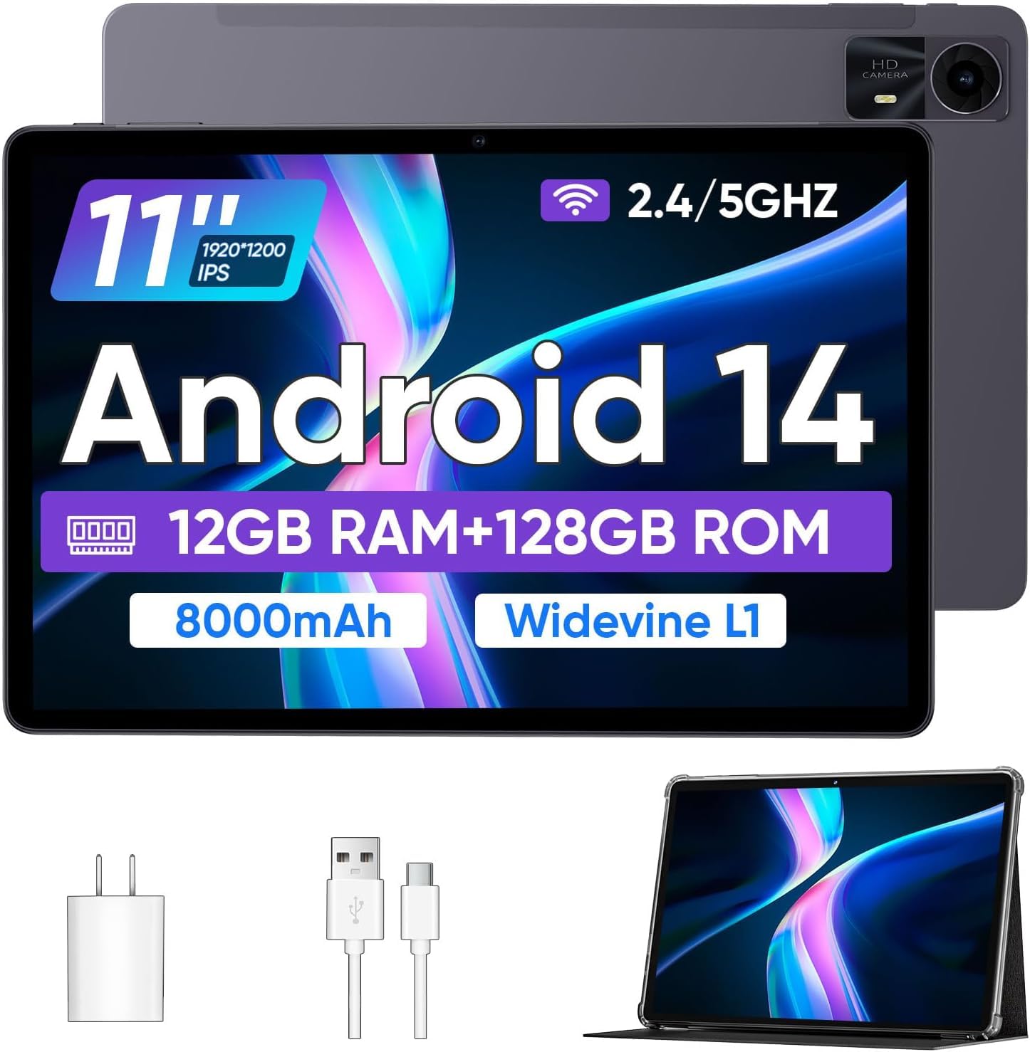 Tabletas ECOPAD Tableta Android 14 de 11 pulgadas con estuche, Octa-core 12GB RAM + 128GB ROM, Tableta 8000mAh con Dual Band WiFi / BT 5.0 / GPS / PD Carga rápida / Radio FM - Negro