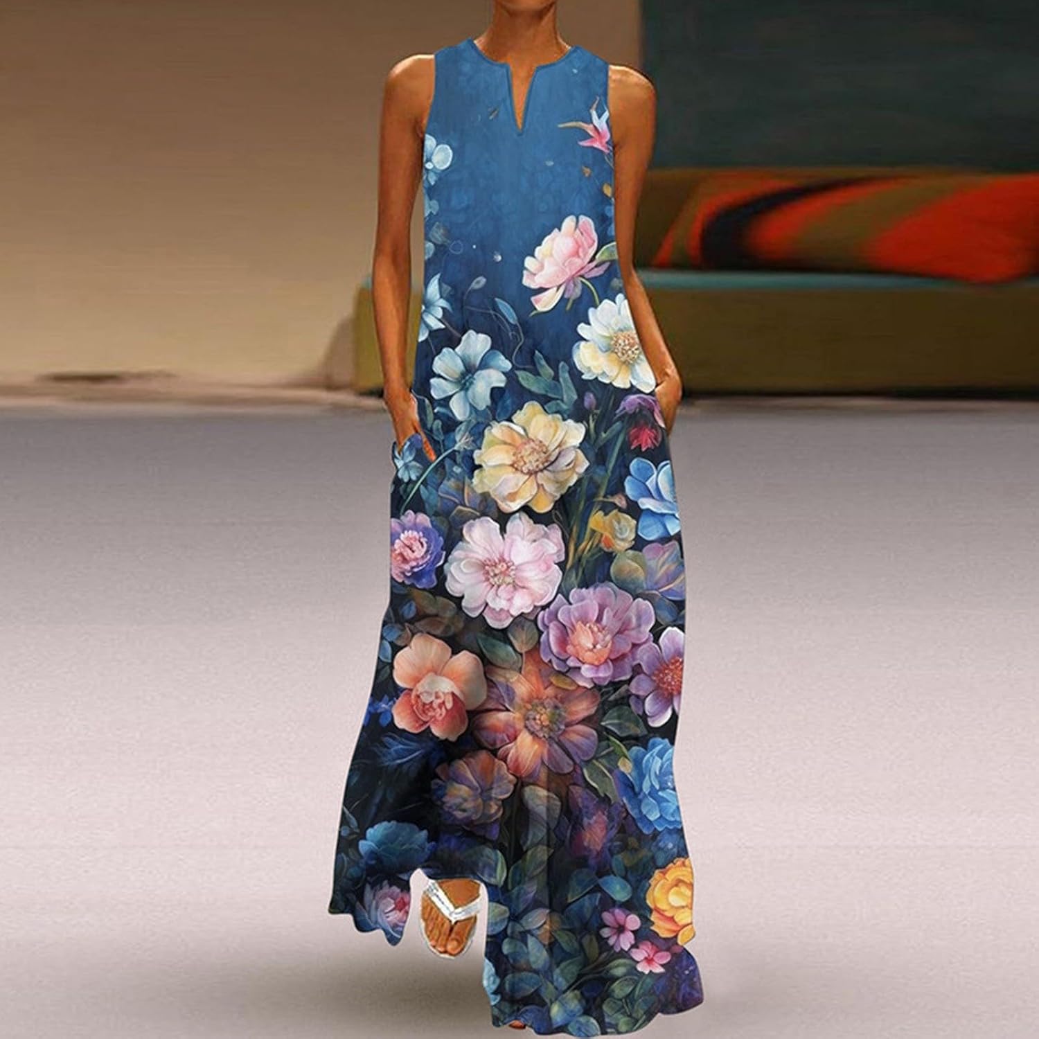 Robe Longue Boho Fleurie Sans Manches Avec Poches - Confort Ample Et Léger Pour Femme - Modèle Grande Taille été