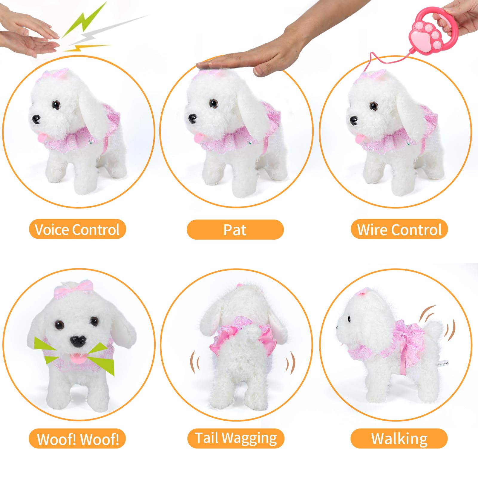GOBRILLFUN Cucciolo di cane peluche interattivo che cammina, cane robot con coda scodinzolante, set per toelettatura, giocattoli regalo di compleanno per ragazze e ragazzi, bambini di età 3, 4, 5, 6+