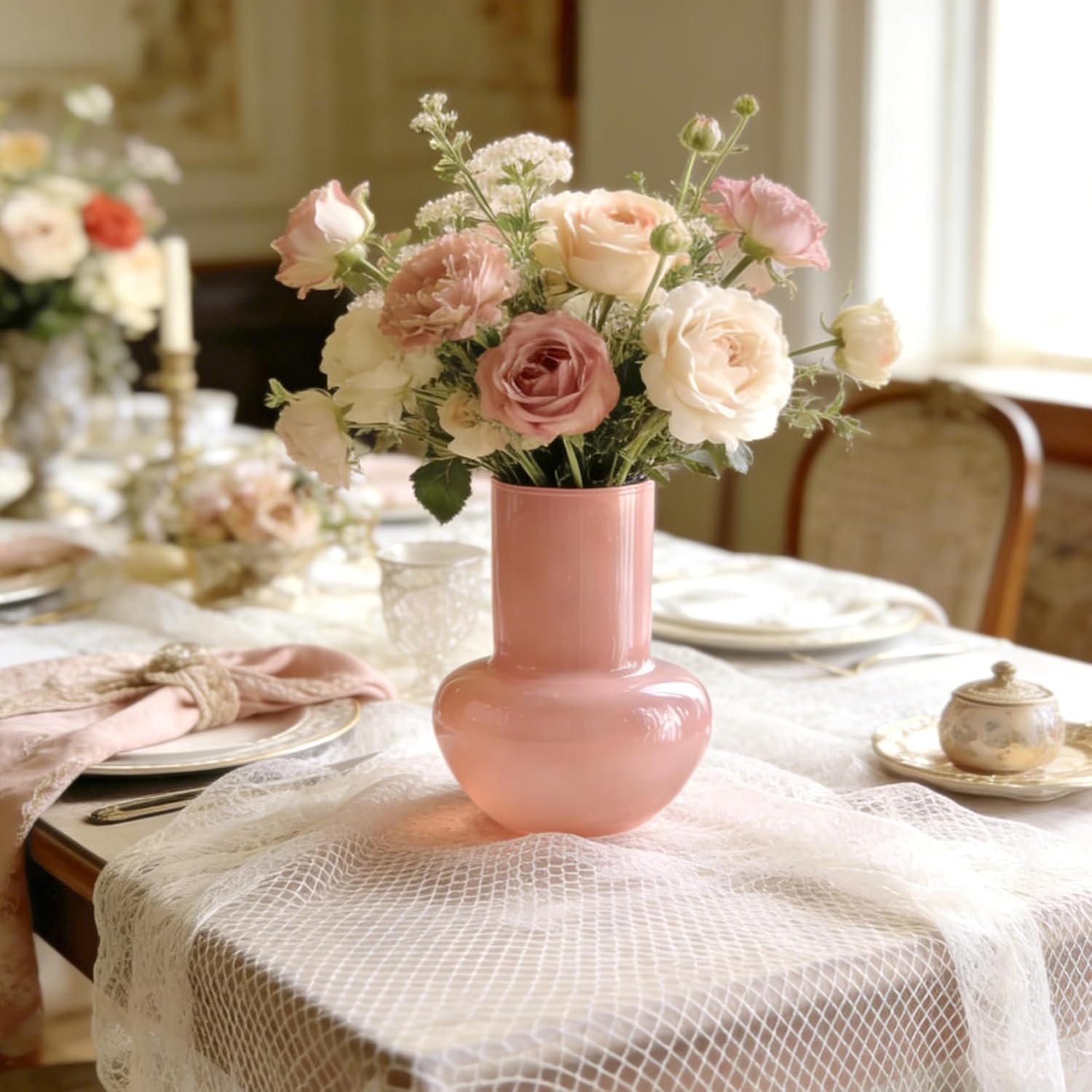 BLOFLO Modern Retro Glass Vase, 7 Inch Bubble Round Bulb Vase, Boho Vintage Home Decor Table Centerpiece for Fresh/Fake Flowers, Ideal Housewarming/Mother’s Day/Birthday Gift (Pink)