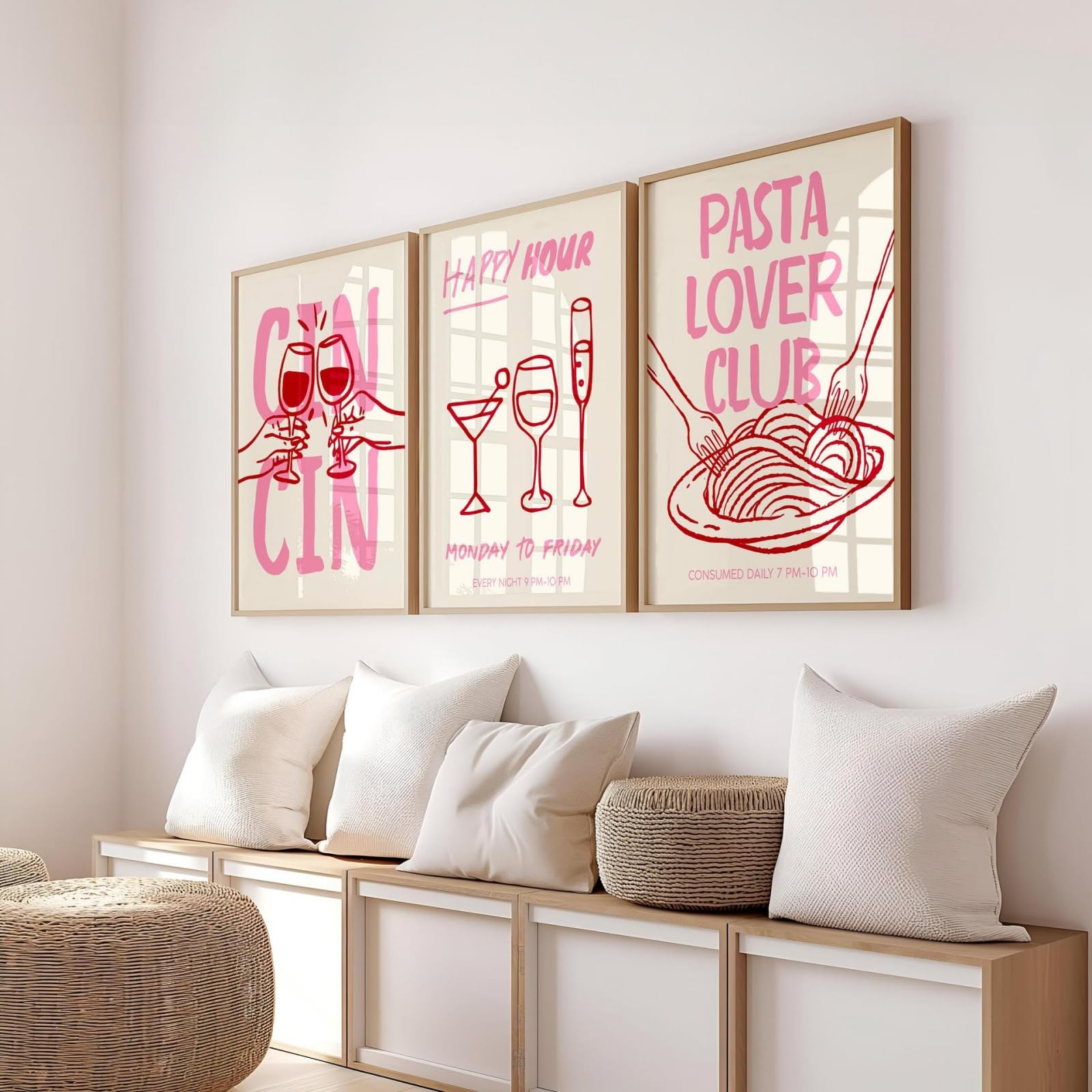 JORCEDI Pink Kitchen Wall Art Set of 3, Trendy Pasta Wine Line Art Canvas Prints Posters, Funky Dining Room Bar Decor, 21x30-50x70cm, Unframed (40x50 cm,A)
