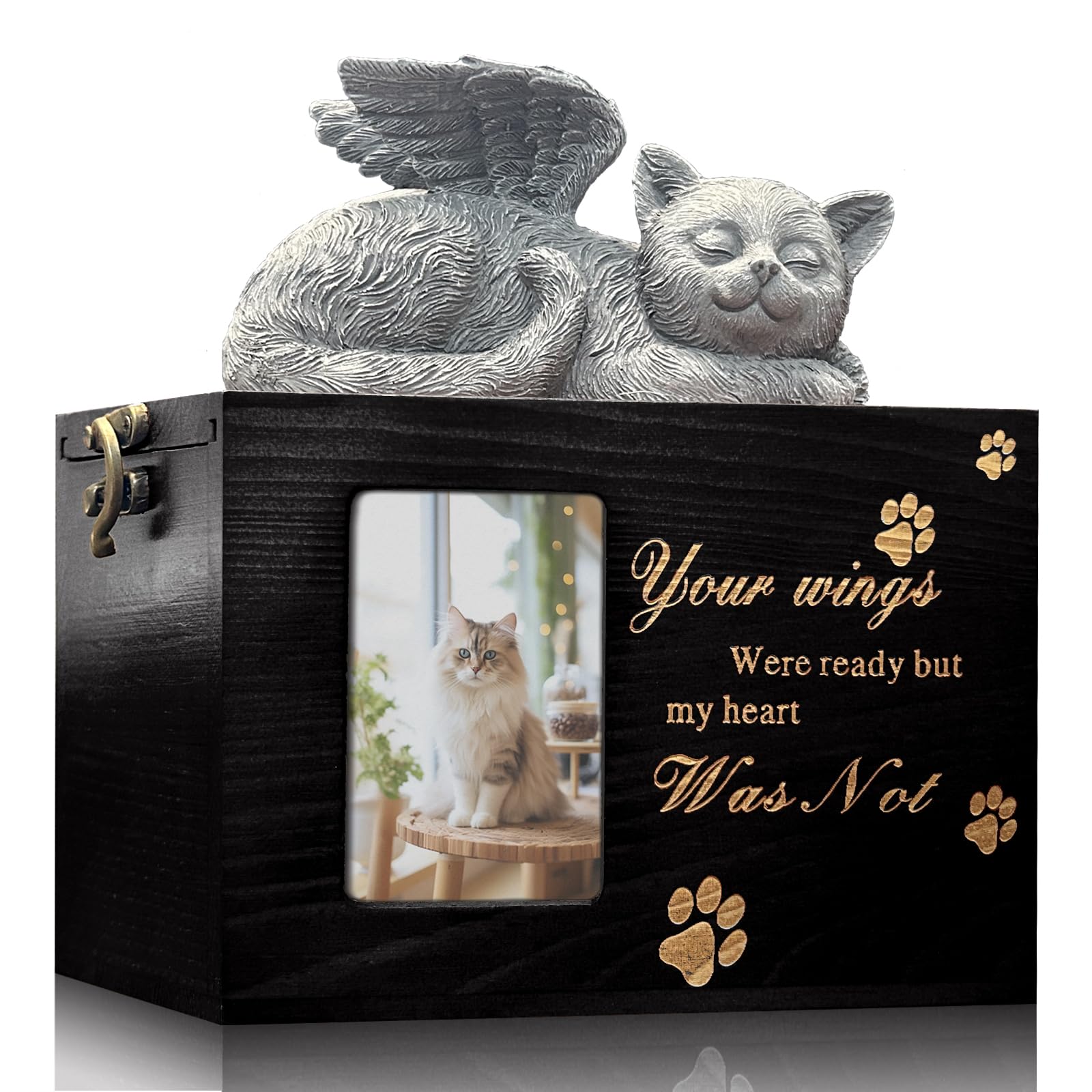 Solid Wood Pet Urn for Cat Ashes Box with Picture Black Funeral Cremation Box for Cat Wooden Keepsake with Black Flannel Lining for Loss of Cat or Dog Remembrance Gift (Cat Urn-Black, Medium)