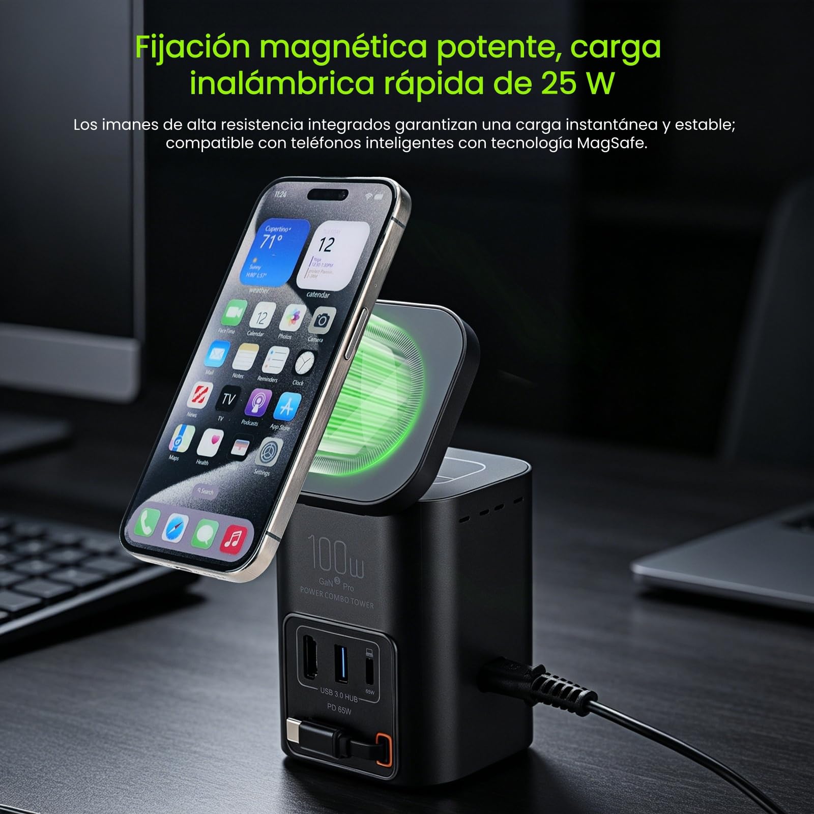 Torre de Carga 6 en 1, Estación de Carga GAN 100W con Cargador Inalámbrico Qi2.2 25W, Cable USB-C Retráctil 65W, Puerto USB-C 65W, HDTV 2.1 8K y Hub USB 3.0 para Oficina y Hogar