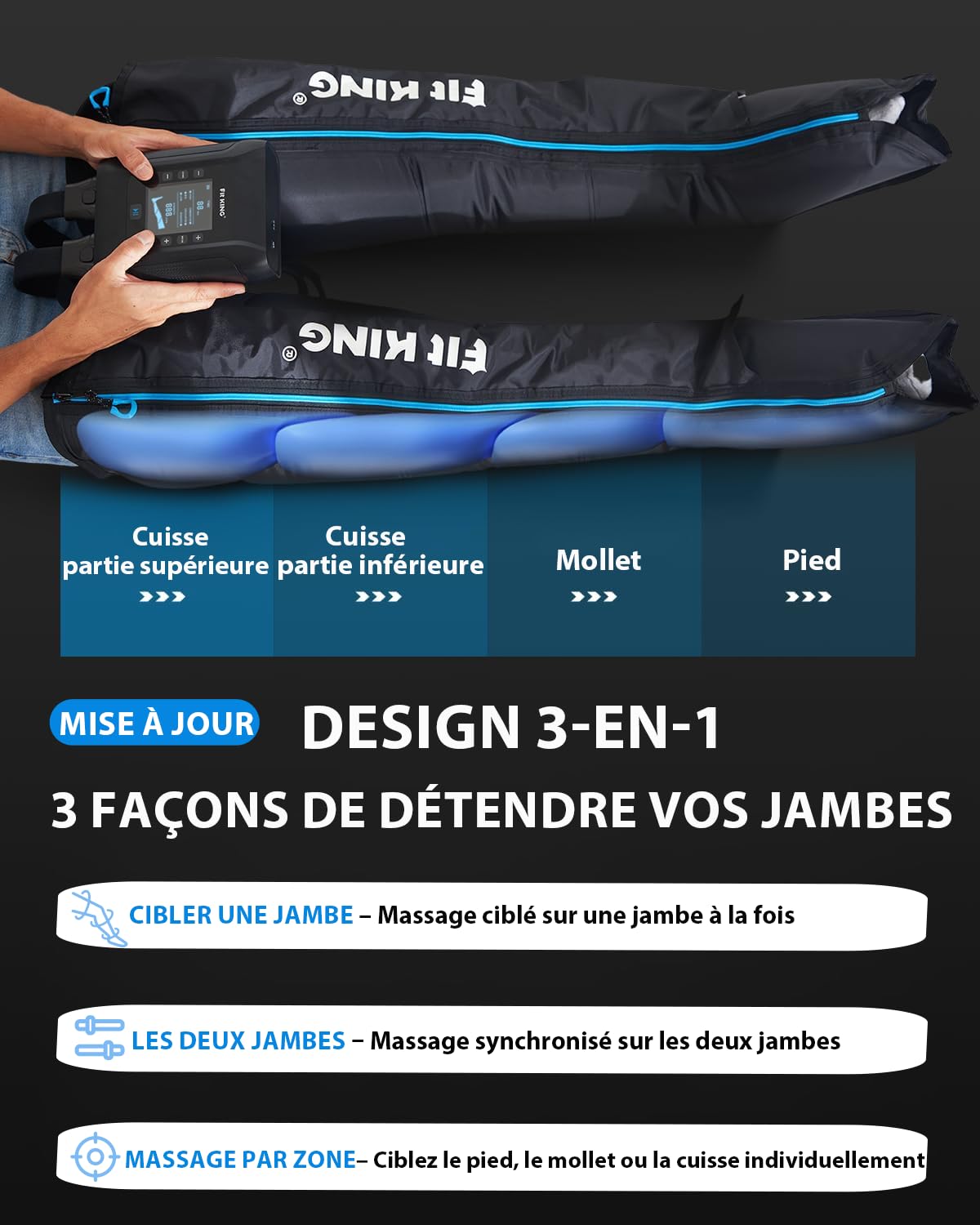 FIT KING Système de compression professionnel de compression d'air pour les jambes, bottes de récupération portables rechargeables, dispositif de compression pneumatique, récupération rapide et