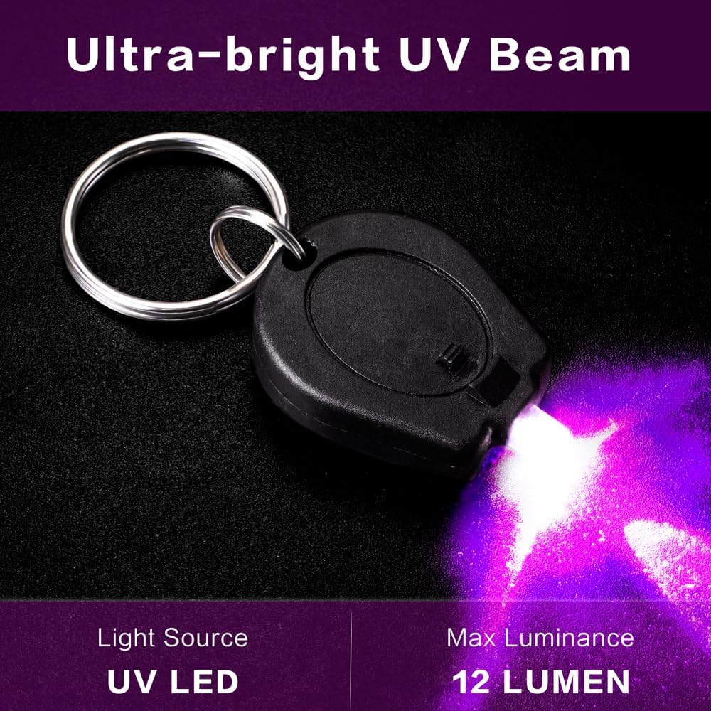 Paquete de 100 mini linternas LED UV, llavero de linterna ultravioleta de 395 nm, luz negra para detecciones, carcasa negra