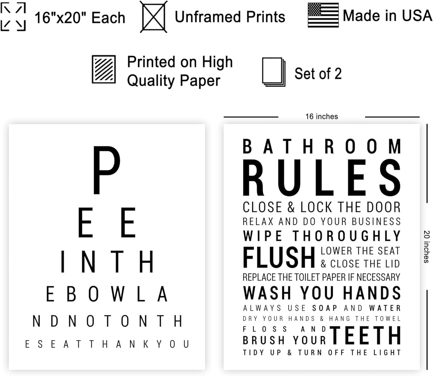 Poster Master 2-Piece Bathroom Sign Print - Eye Chart & Rules Poster - Humorous Guest Bath Decor - Minimal Typography Design - Powder Room Decor - Funny Restroom Sign - 16x20 UNFRAMED Wall Art