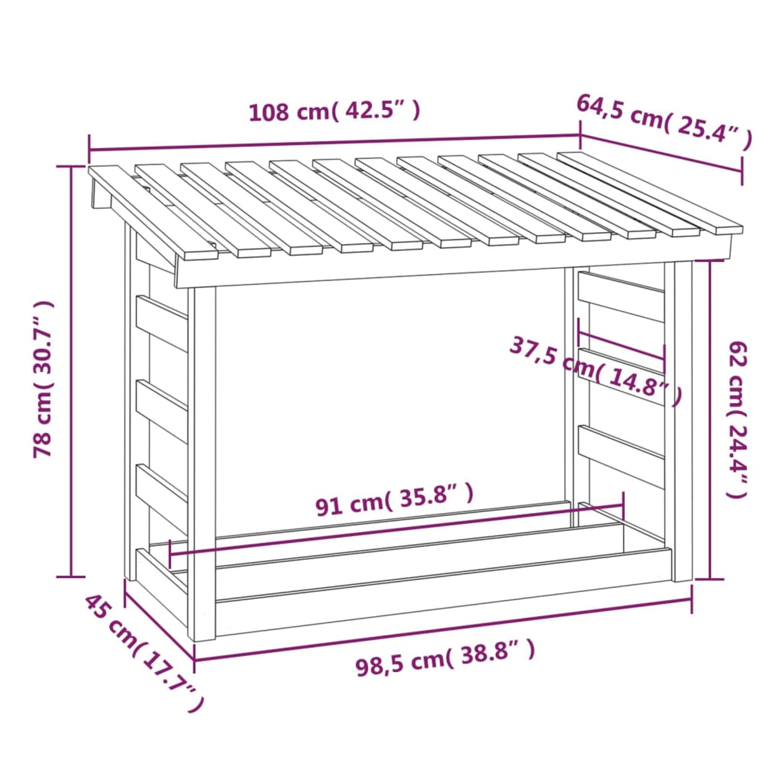 Homgoday Leñero de Madera Maciza de Pino Blanco 108x64,5x78 cm Leñera Registro de Leña, Estantería para leña de Chimenea para Interior y Exterior Soporte de Madera