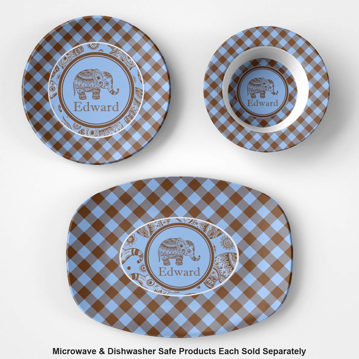 Personalized Gingham & Elephants Plastic Bowl - Microwave Safe - Composite Polymer