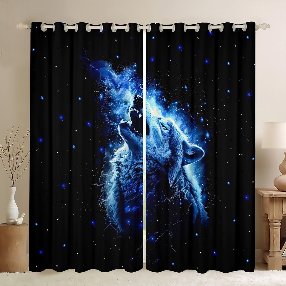 Wolf Window Drapes Block 30%-50% Light,Starry Sky Galaxy Kitchen Window Treatments 42Wx63L Inches,Wildlife Animal Bedroom Livingroom Decor Curtains