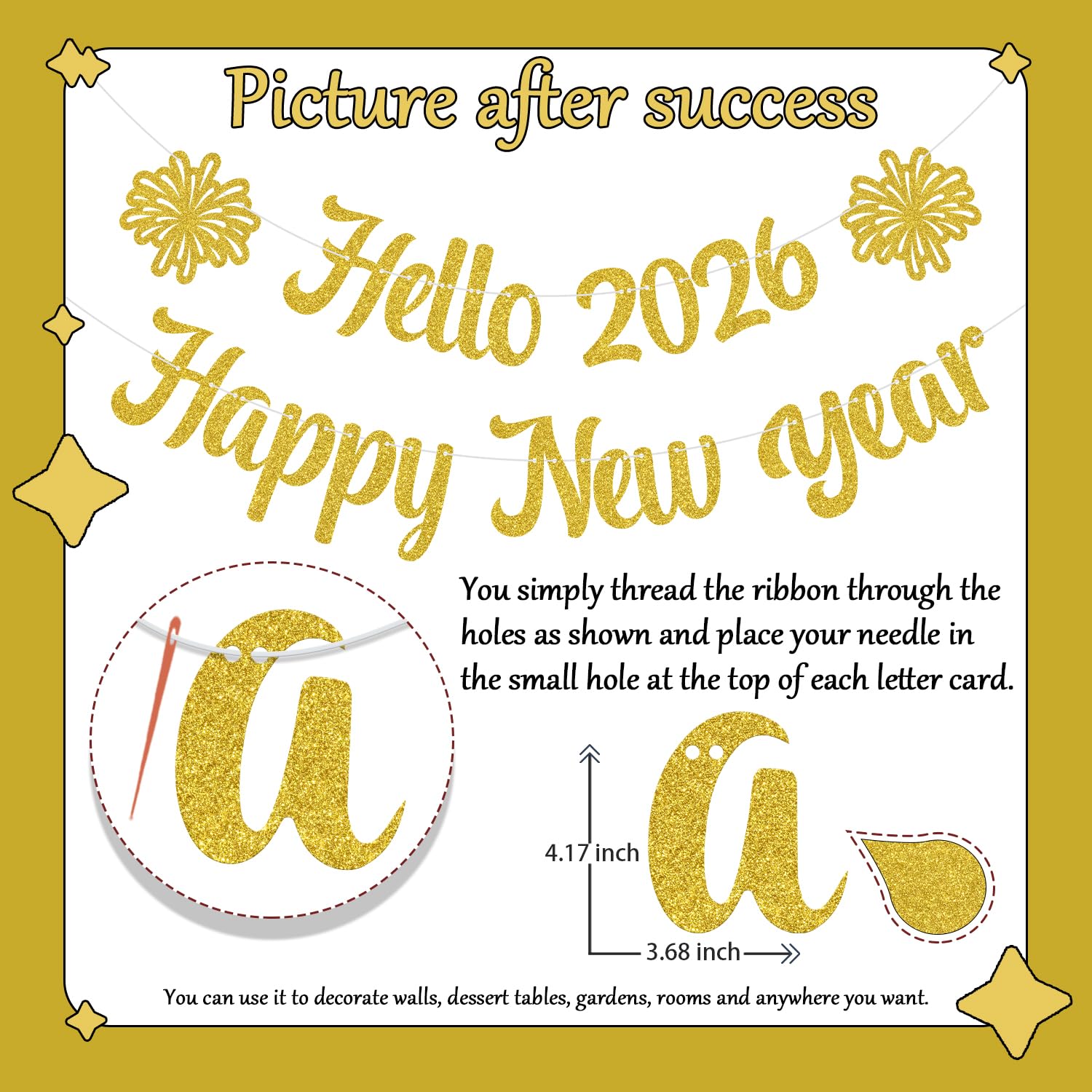Hello 2026 Banner - Goodbye 2025 Hello 2026 Decoration - New Years Eve Banner, Gold - Image 2