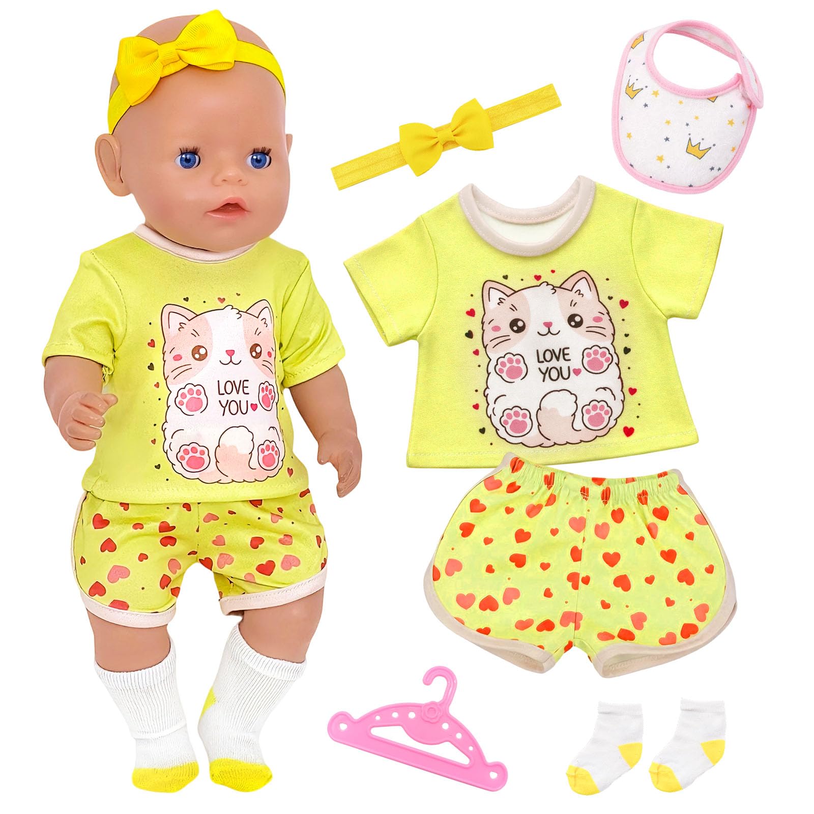 Baby Doll Clothes for 14-18 Inch Dolls, 6 Pcs Kitten Doll Clothes with Tops, Shorts, Hair Bands, Bibs, Hangers, Socks, Yellow Cartoon Doll Clothes Birthday Gifts for Girls
