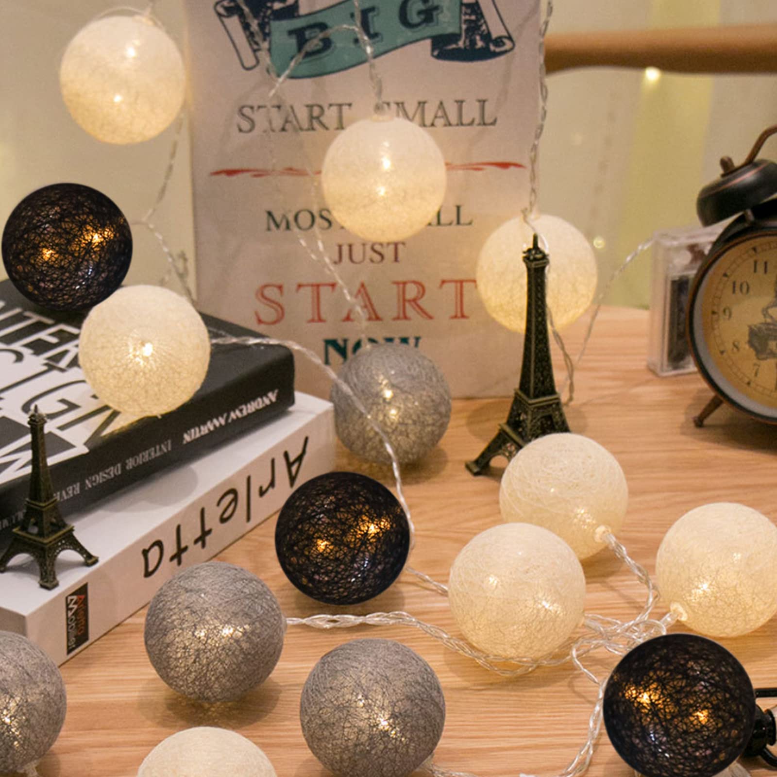 Runaup 20 LED Cotton Ball String Lights 3.3M/10.8ft Spherical Fairy Lights Battery Powered Decorative Lights for Bedroom Curtain Gazebo Balcony Party