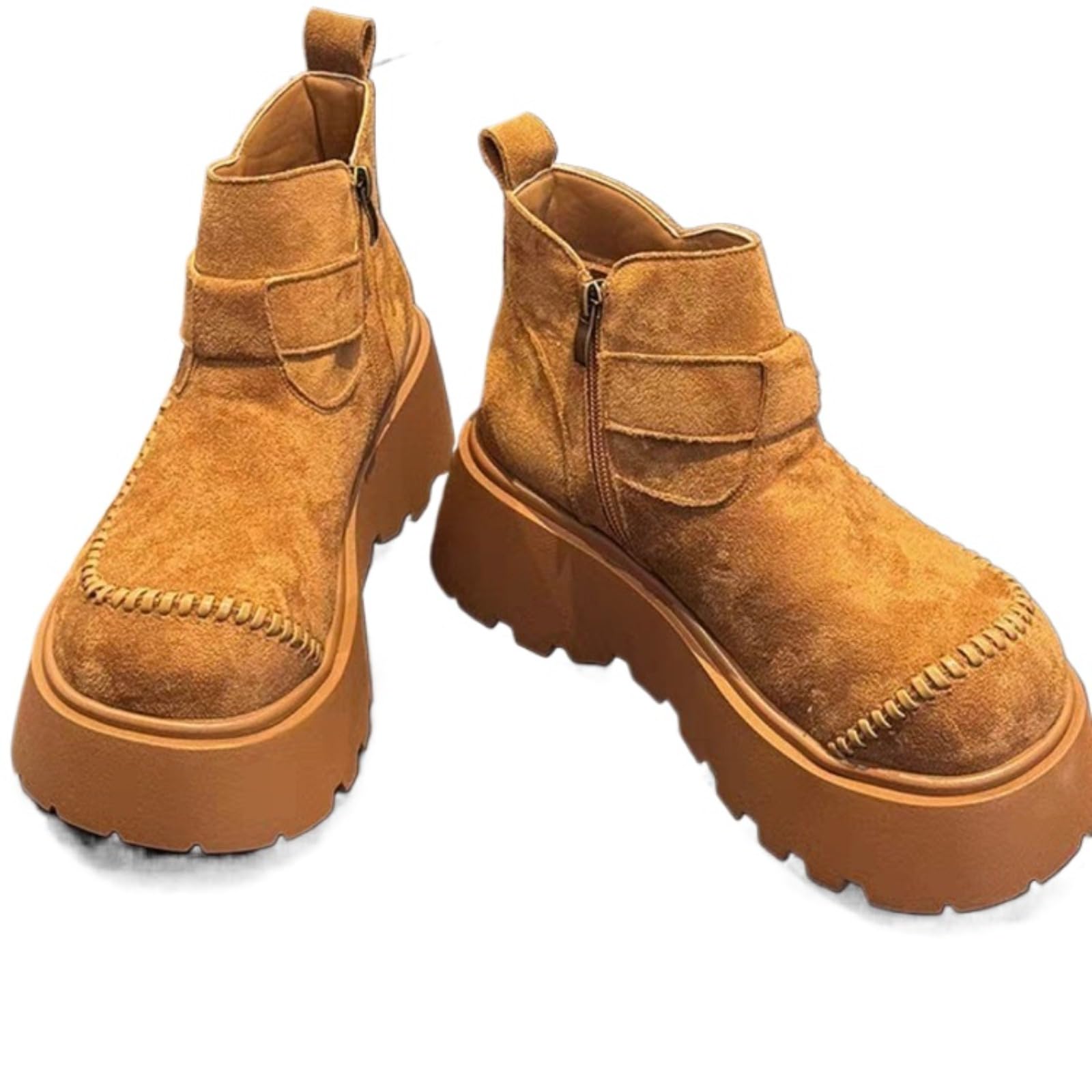 Womens Platform Ankle Boots - Chunky Sole Booties with Block Heel in Brown Colors Retro Style Short Boots