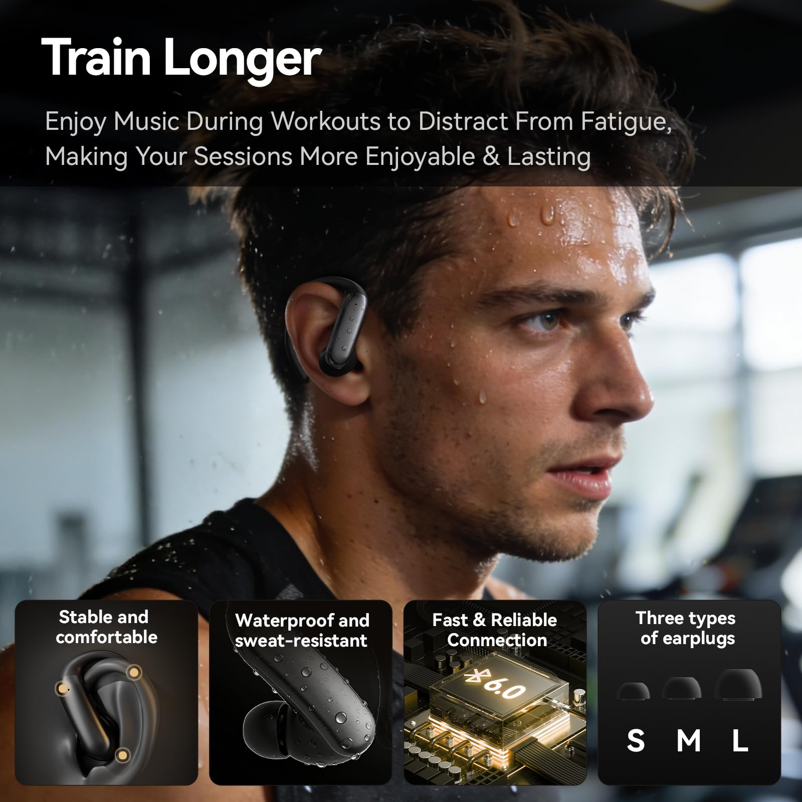 Auricolari sportivi con gancio per l'orecchio 66 ore di riproduzione con custodia a LED, Bluetooth 6.0 wireless, auricolari sportivi sopra l'orecchio, cuffie IPX4 per allenamento in palestra