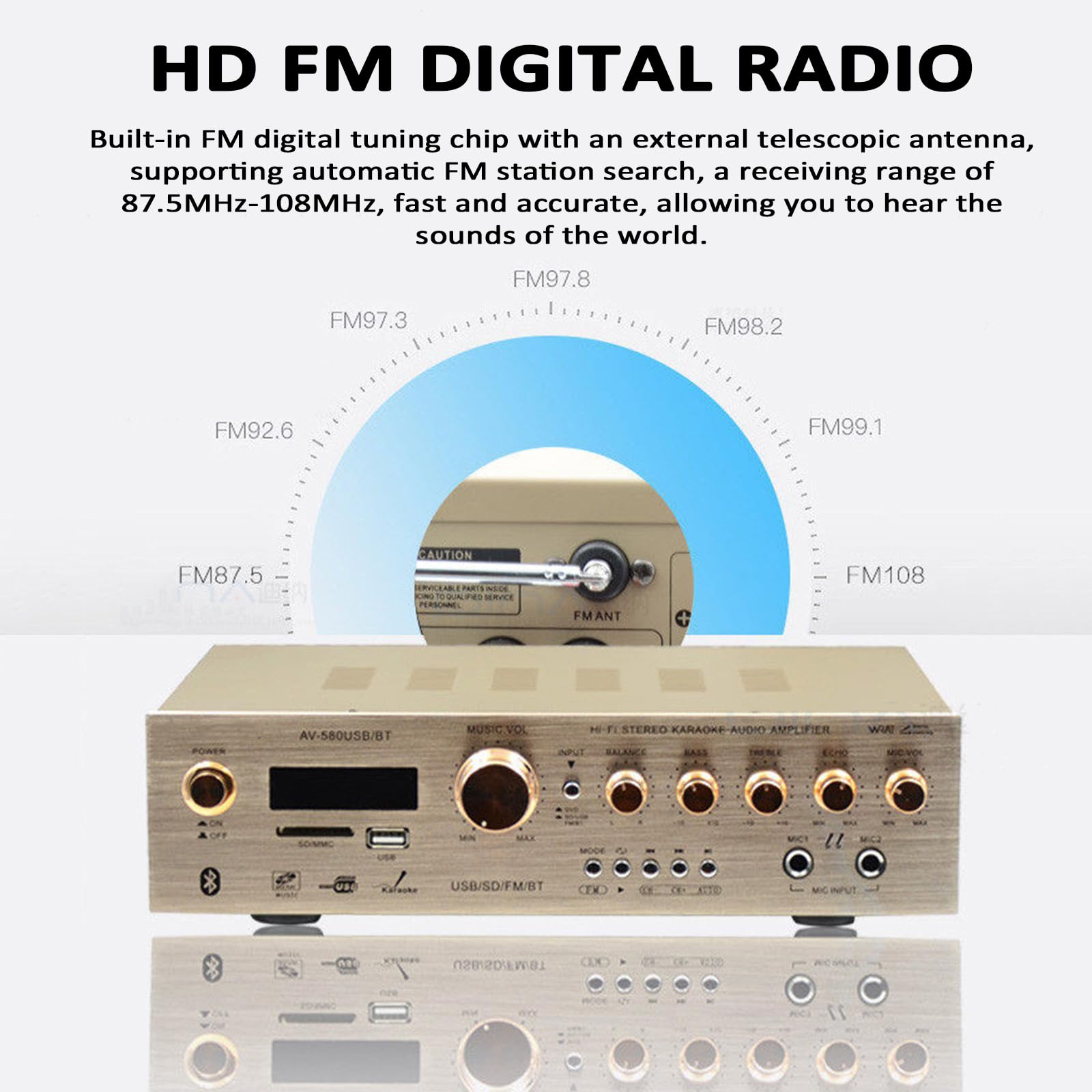 Wzmacniacz audio stereo 750 W, 5.0-kanałowy odbiornik stereo z pilotem (10 M) / USB/SD/podwójny interfejs mikrofonu/BT 5.4, dekodowanie światłowodowe/koncentryczne, do B