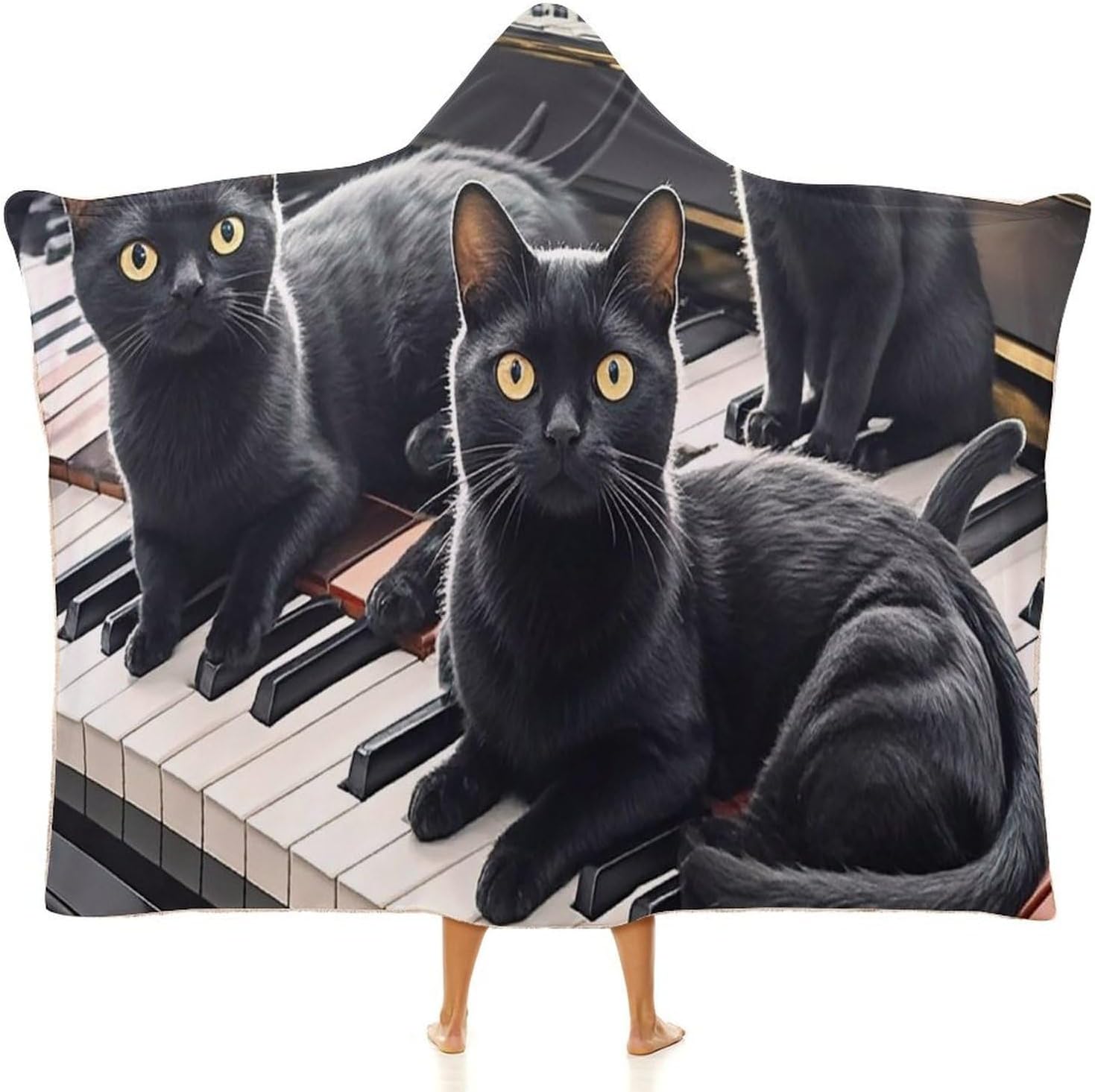 Black Cats Lying on The Piano Keyboard Wearable Fleece Blanket with Hood for Men & Women Oversized Hoodie Blanket Soft Cozy Gift-