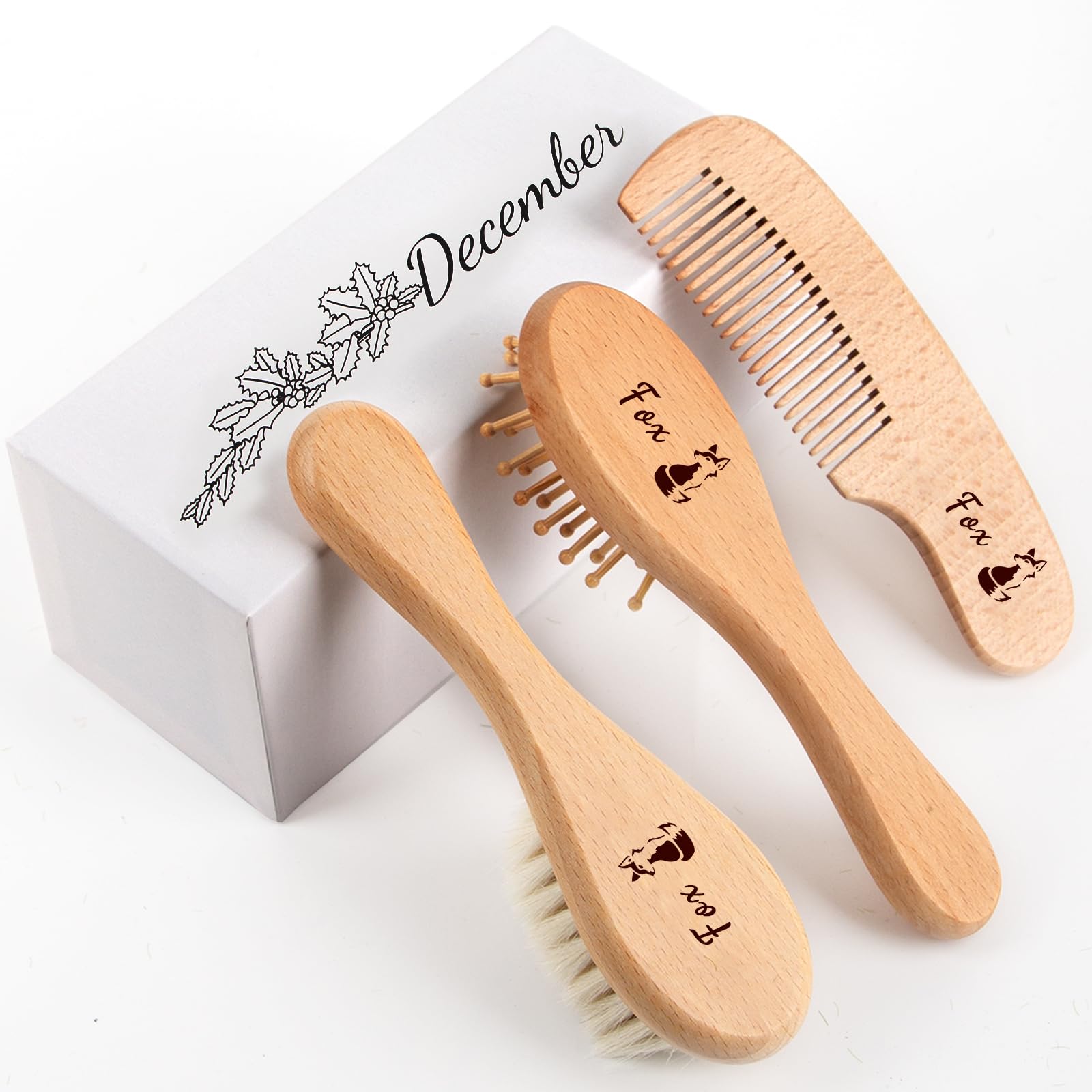 Personalized Baby Hair Brush & Comb Set with Soft Goat Bristles,Custom Laser Engraved Name,Newborn Grooming Kit with Birth Flower Gift Box (December)