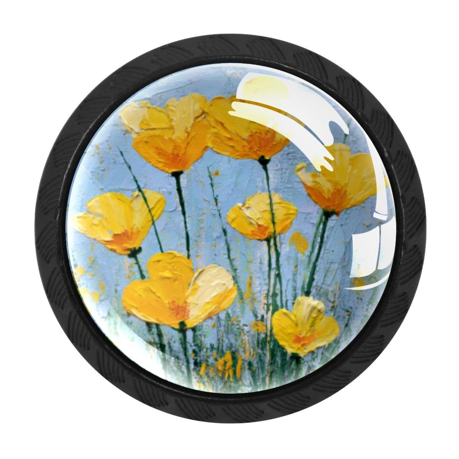 CHENZZZZ 4 Pieces Round Cabinet Knobs Rustic Dresser Knobs, Drawer Cupboard Wardrobe Cabinet Pulls Handles Hardware for Home Kitchen Furniture, Yellow California Poppy Painting (3)