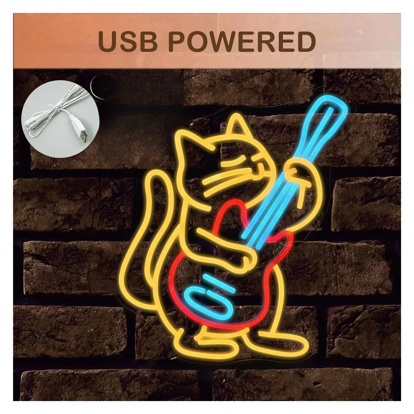 LED néon signe Panneau Néon Led Avec Guitare Et Chat, Alimenté Par USB, Lumière Variable, Pour Décoration De Chambre À Coucher, Magasin, Bar Musical, Fête, 38.5cmX30cm