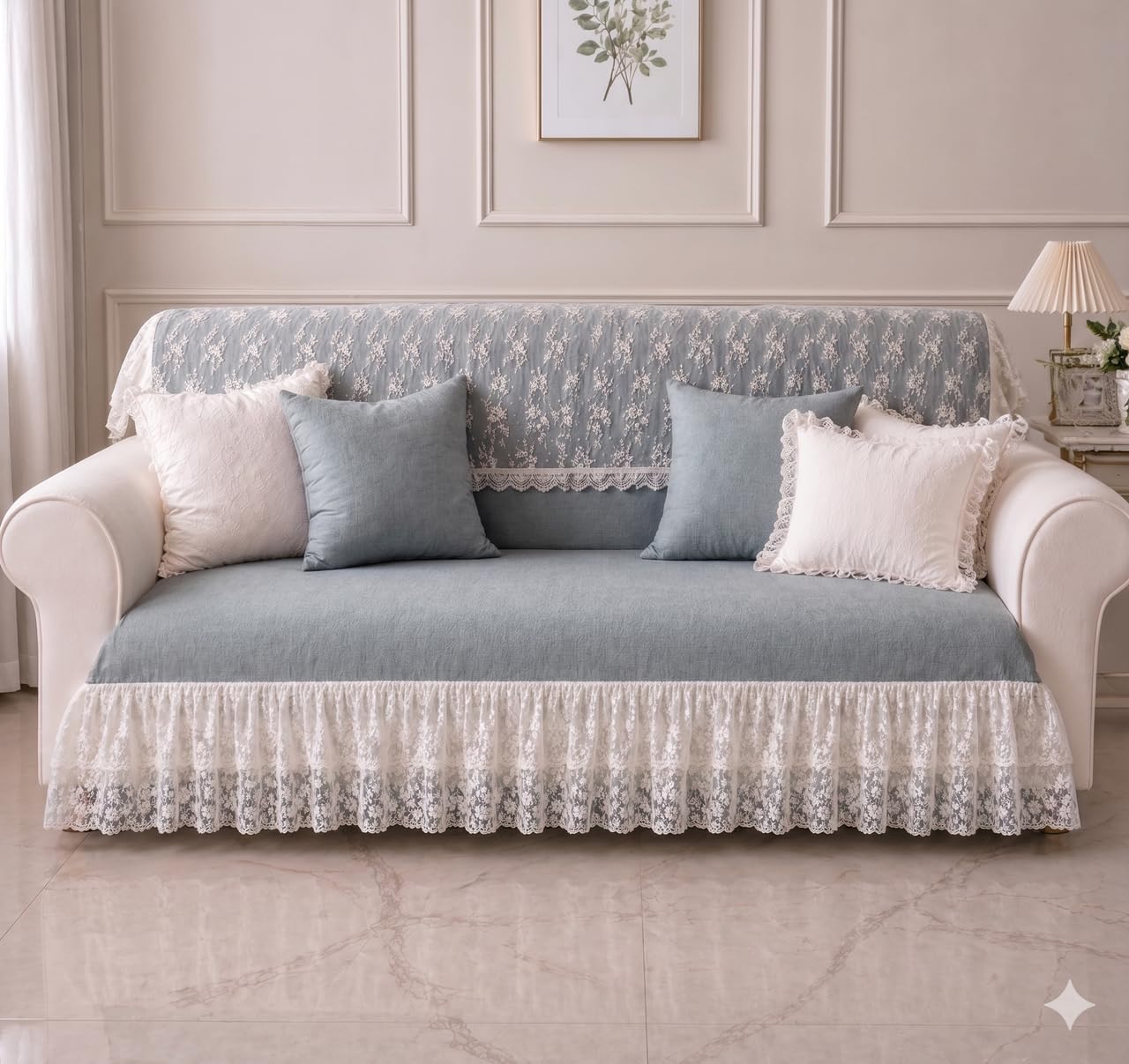 Grey 7 Seater Sofa Cover Set – 1x 4 Seater & 1x 3 Seater | Lace Frill French Coutry Sofa Throw for Seat Only | Anti-Slip Couch Cover| Decorative Seat Cover |Pastel Cottage Living Room Decor-picture-11