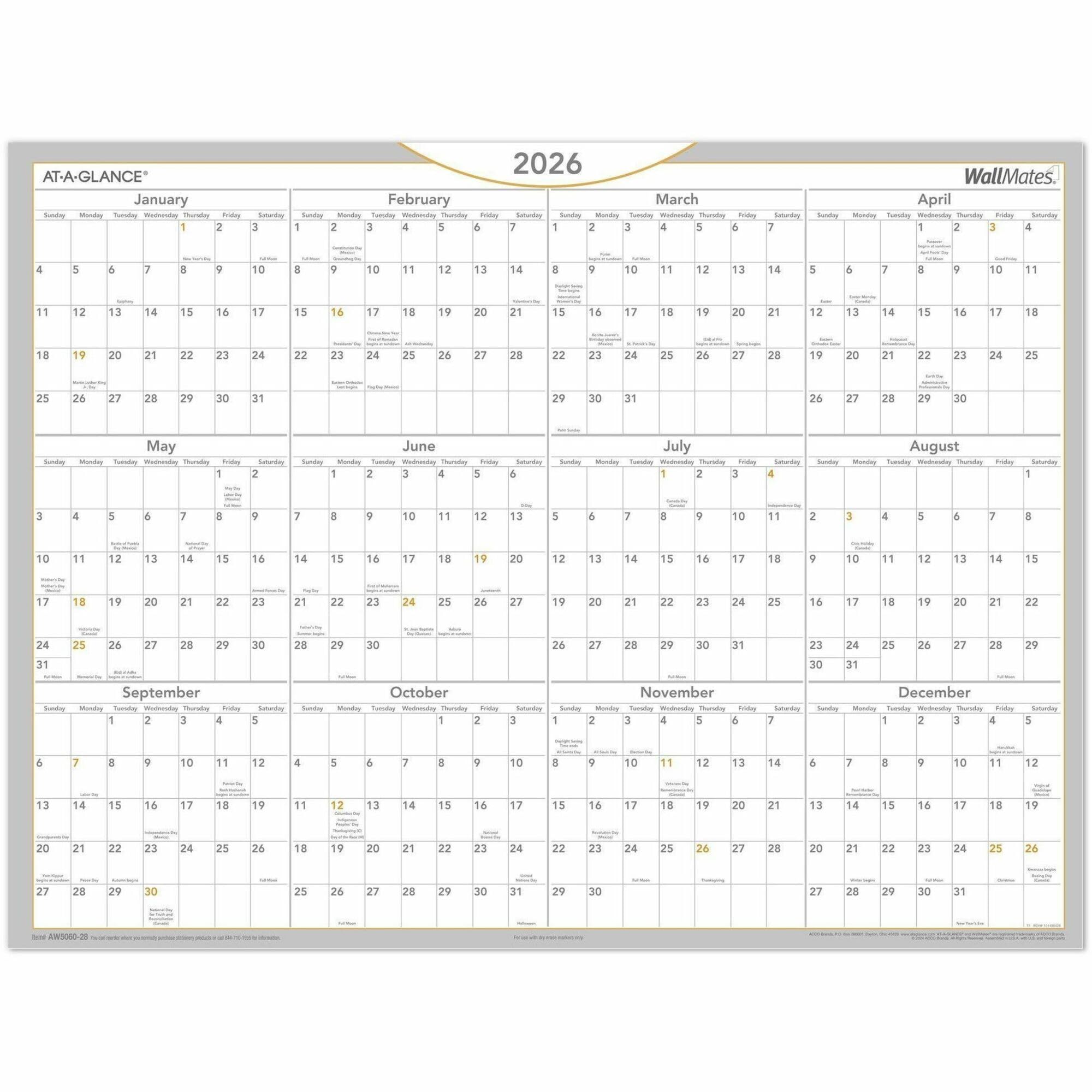AT-A-GLANCE® WallMates 2026 Calendario annuale autoadesivo cancellabile a secco, grande, 61 x 45,7 cm