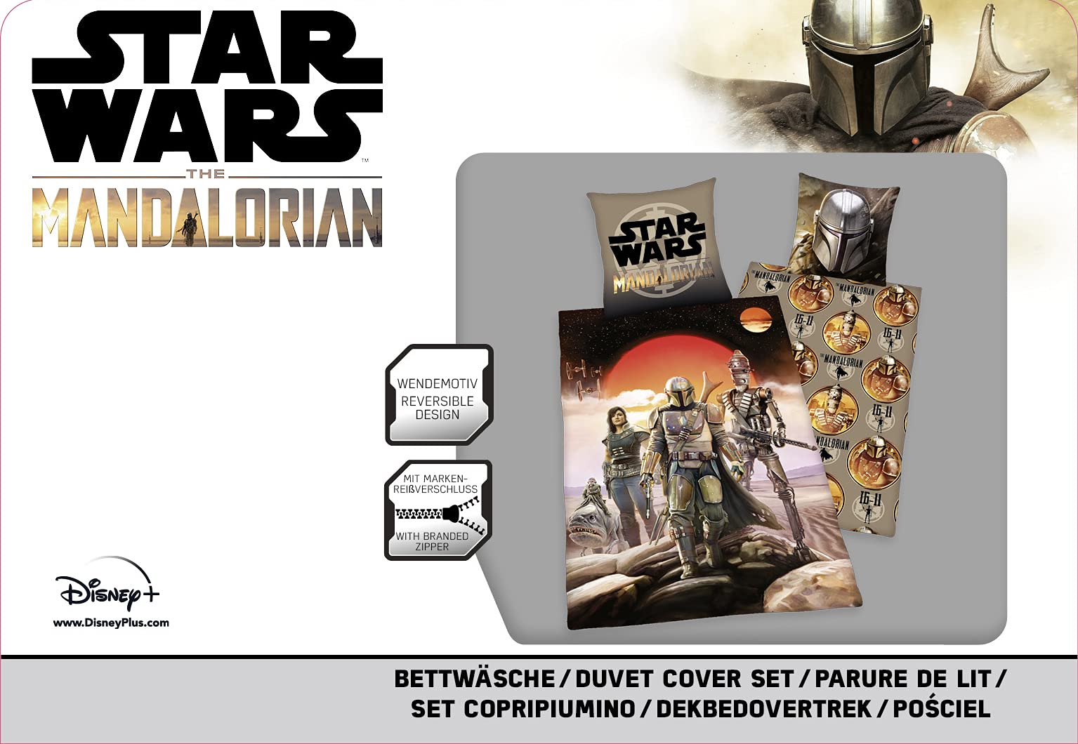 Herding Star Wars Mandalorian Bettwäsche-Set, Mit leichtläufigem Reißverschluss, Bettbezug 140 x 200 cm, Kopfkissenbezug 70 x 90 cm, Baumwolle/Renforcé