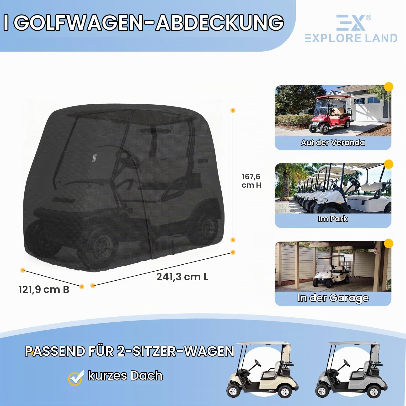 Explore Land 600D wasserdichte Golfwagen-Abdeckung, universell passend für die meisten Marken 2 Beifahrerwagen