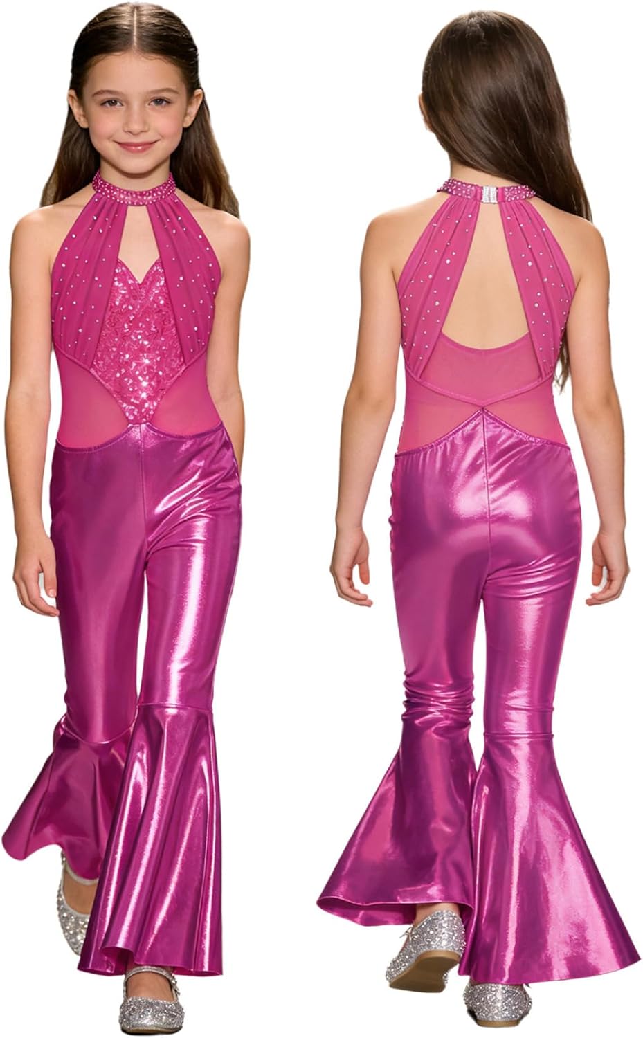 JEYPINMI Kids Girls Metallic Sequin Flare Jumpsuit Sparkly Pageant Party Disco Dance Bell Bottom Romper