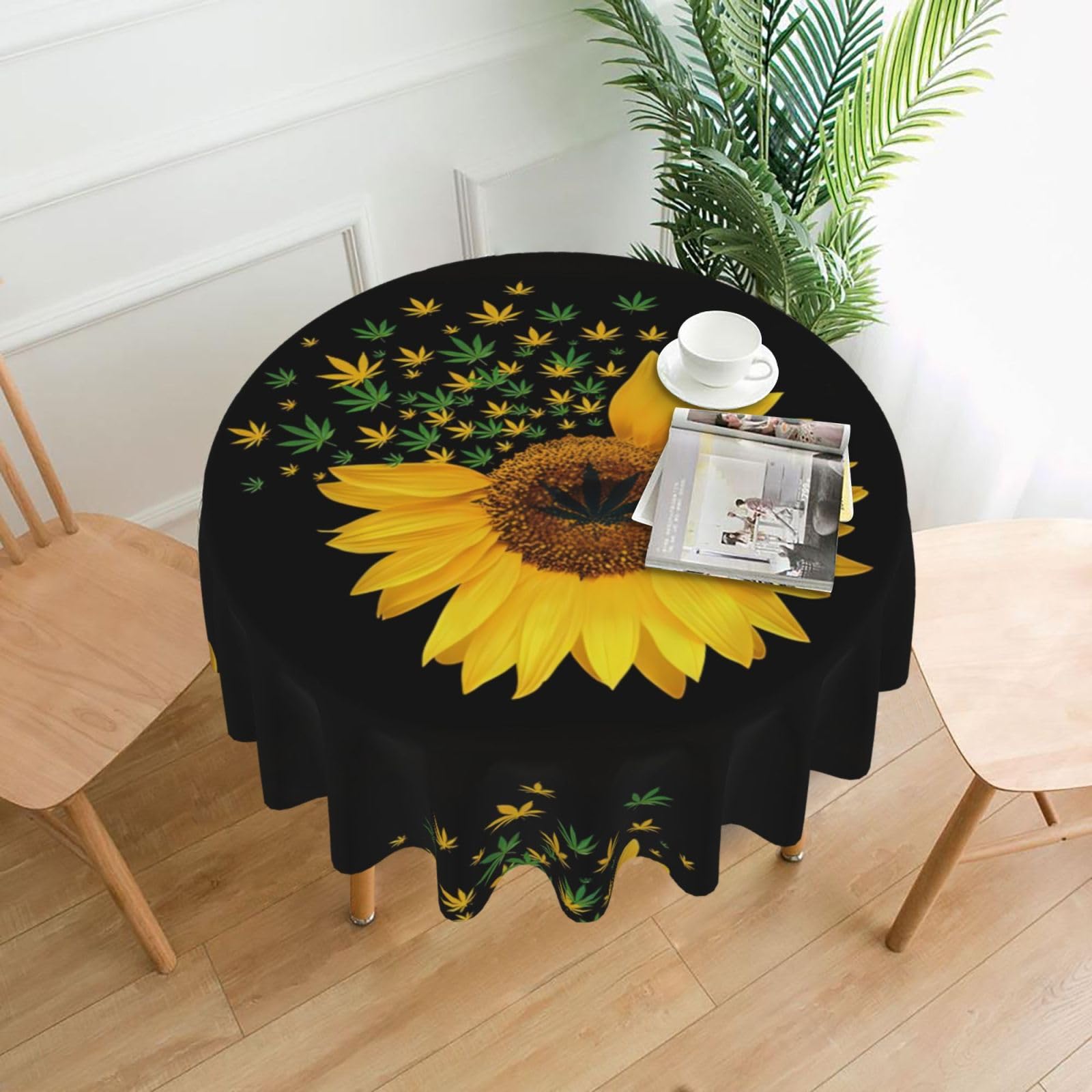 WHJSHOP Weed with Sunflower Prints Round Decorative Throw – 60in Stylish Table Cover for Dining, Parties & Outdoor Events