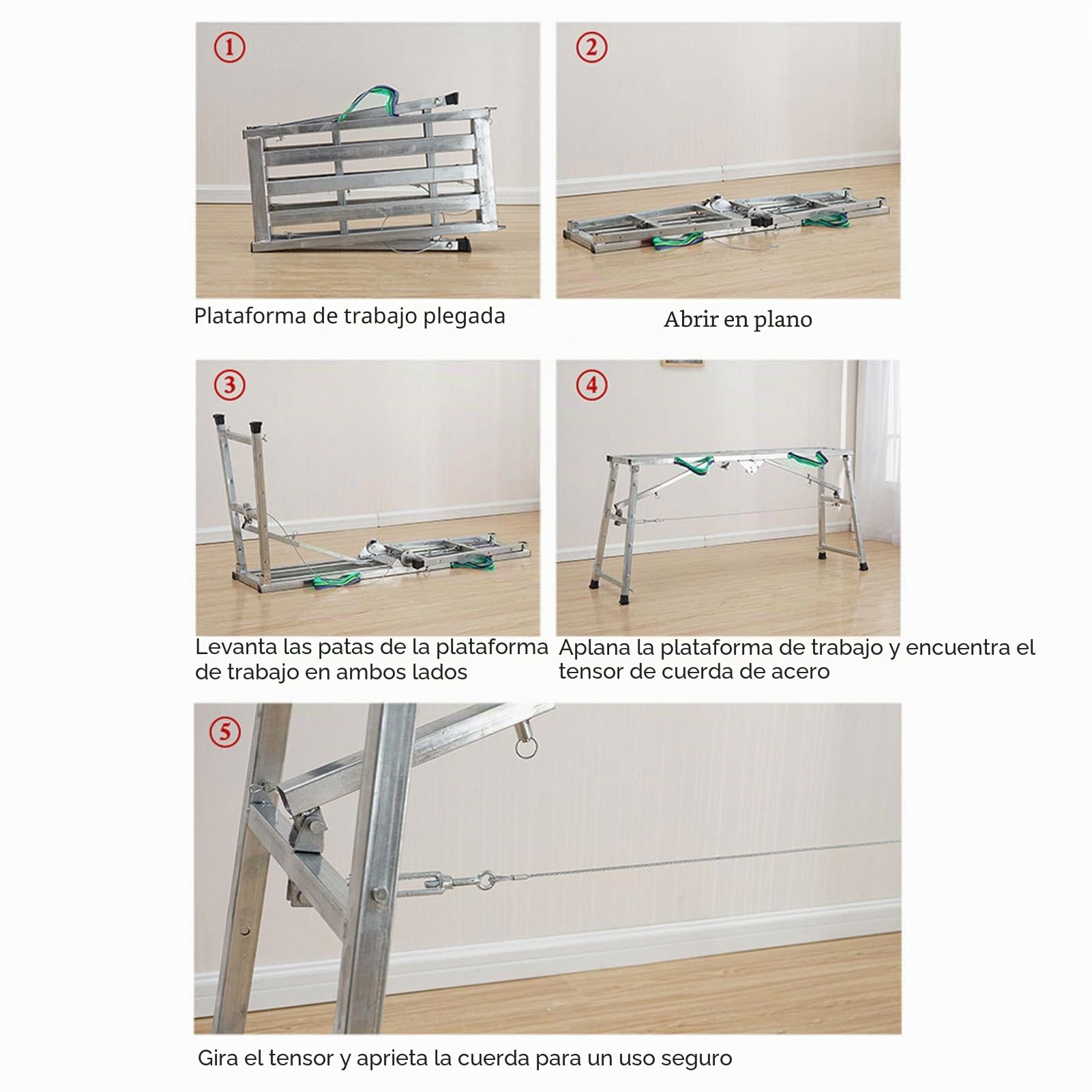 Plataforma de trabajo plegable ajustable, estructura de aluminio, banco de escaleras para paneles de yeso, capacidad de carga máxima de 200 kg, altura ajustable de 60 a 90 cm, galvanizada