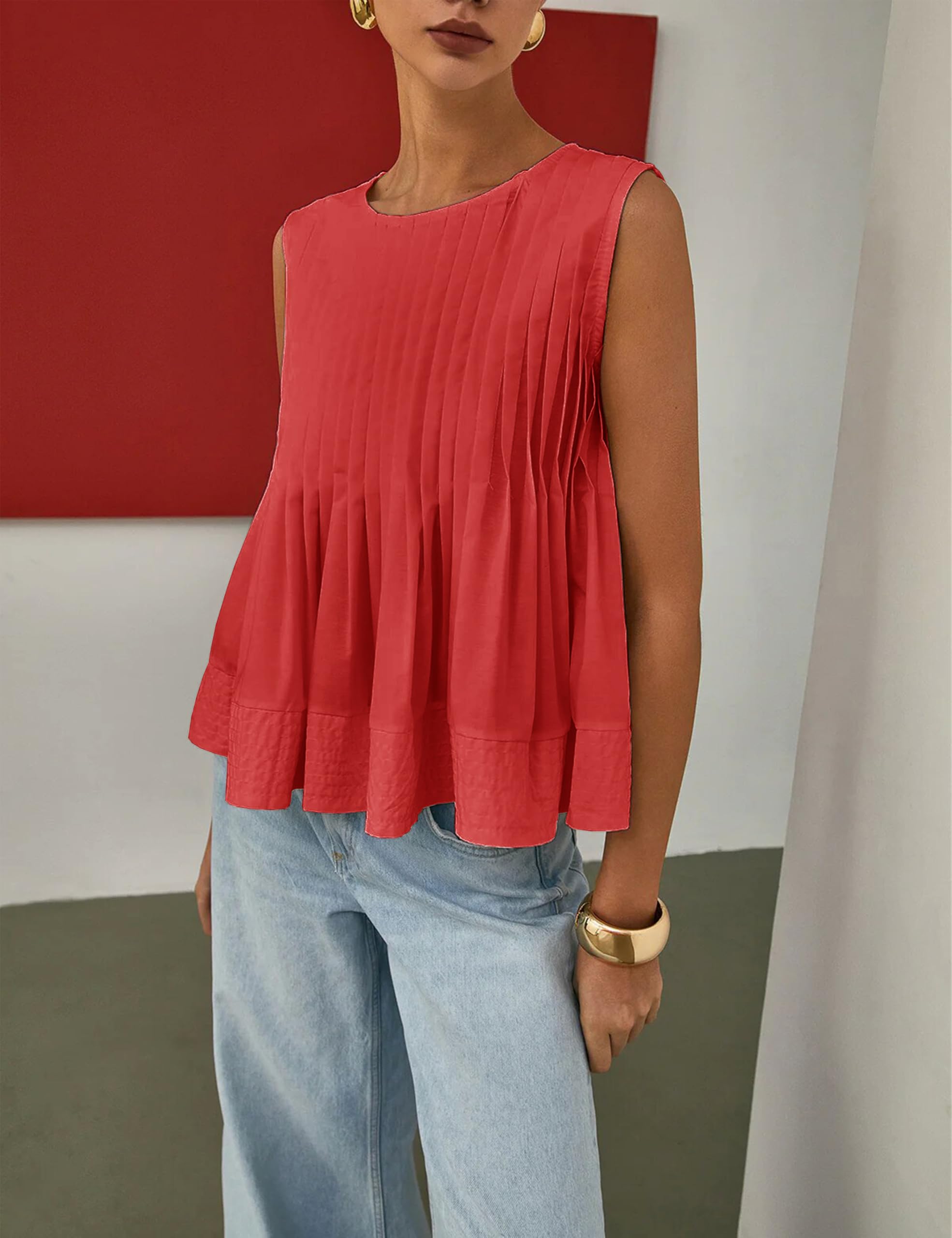 Camiseta de verano para mujer, plisada, estilo babydoll, sin mangas, estilo peplum, estilo casual