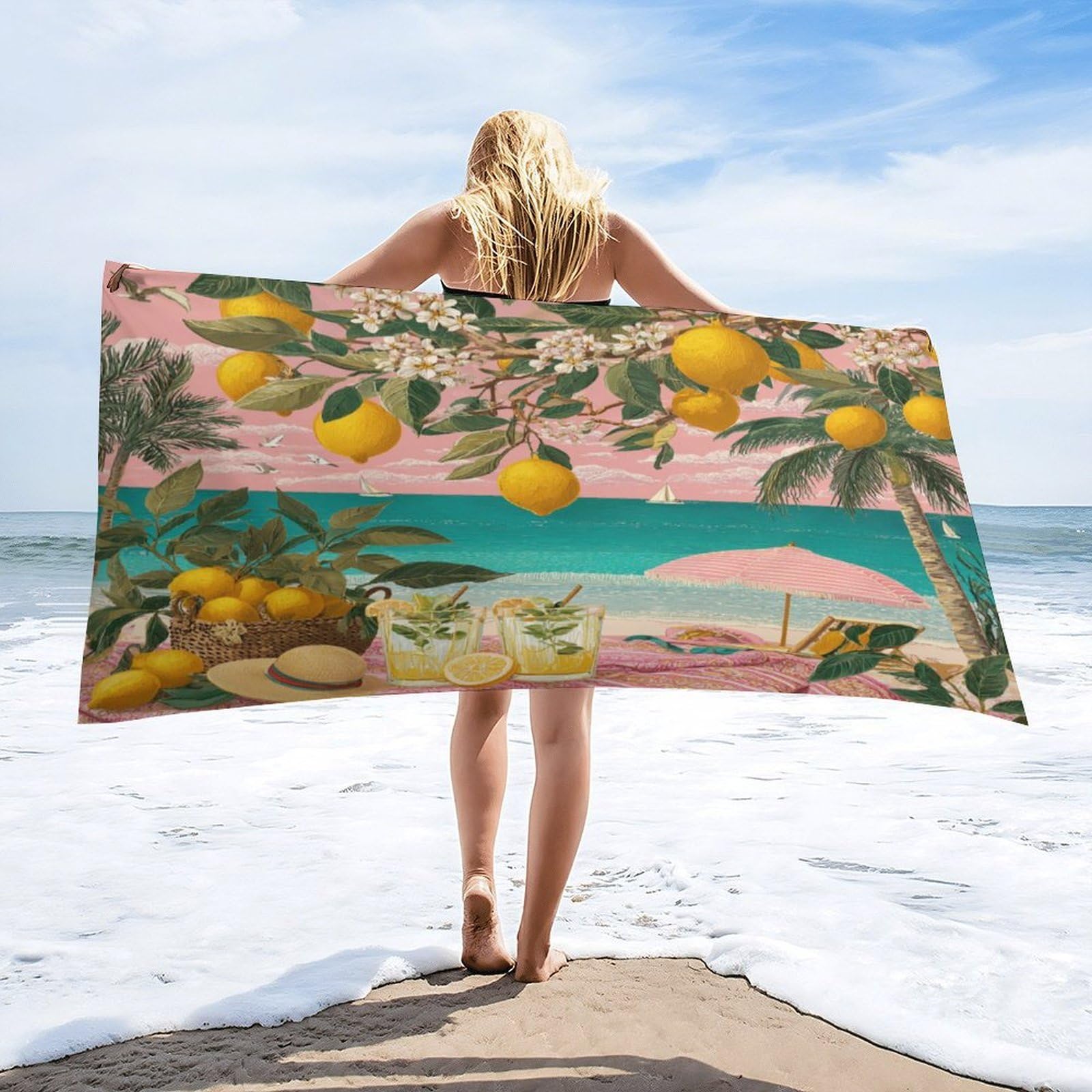 Luyysky Funny Realistic Fruit Lemon Quick-Drying Beach Towel, Colorful Watercolor Summer Tropical Plant Flowers Beach Boat Travel Vacation Single Sided Pile Bathroom Towels-80 W Cm X 160" L Cm