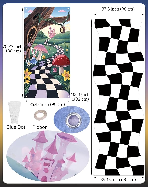 HOMEZZO Wonderland Party Decorations – 2PCS Backdrop (70.87"×35.43") and Wavy Checker Floor Runner (118.9"×37.8") for Birthday Party, Entrance Decor, Photo Booth Supplies by HOMEZZO - Used condition - Image 2