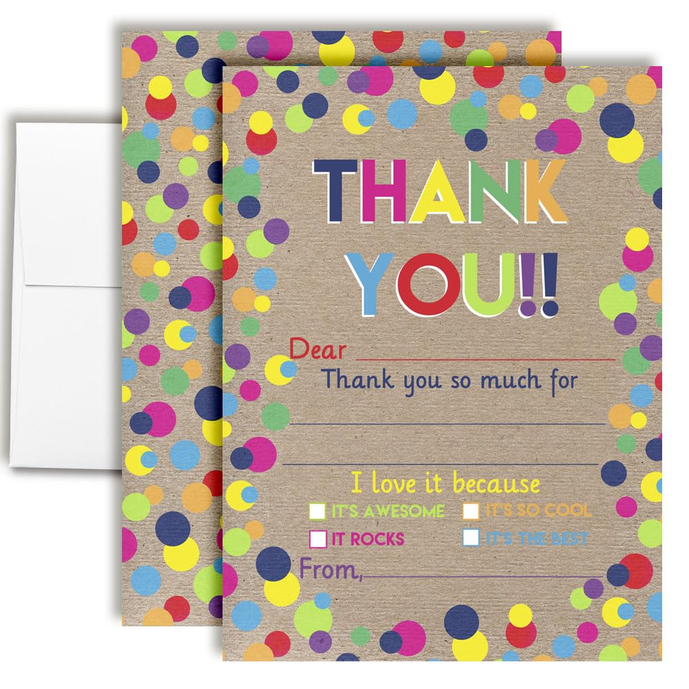 Kraft Polka Dot Theme Kids Birthday Thank You Cards, Thank You Bunches Theme, 10 Fill-In 4x5.5 Cards with White Envelopes, Rustic Fun Party Design for