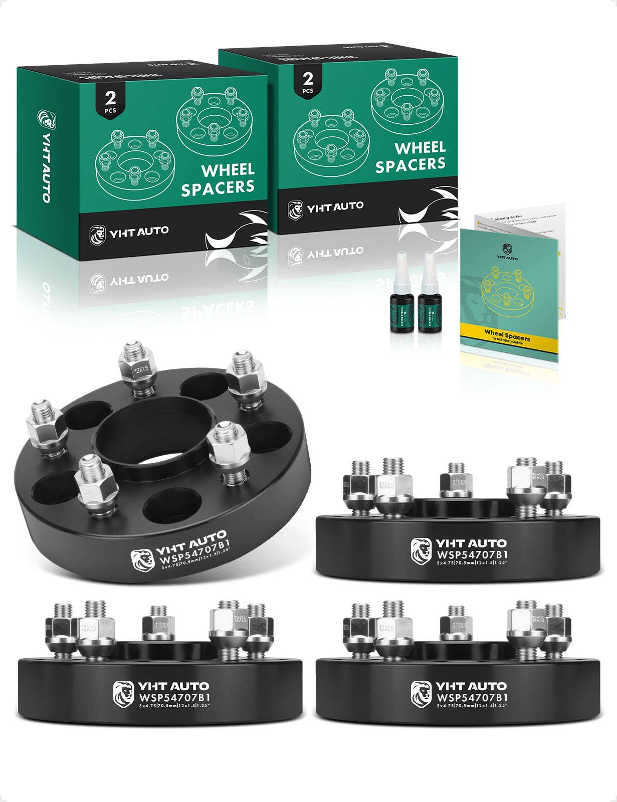 YHTAUTO 5x4.75 Hub Centric Wheel Spacers 1.25 Inch Fits Chevrolet, GMC, Buick, Cadillac Models, Corvette 1984-1996, Blazer Tire Spacers w/ M12x1.5 & 12.9 Grade Studs, 70.5mm Hub Bore 5 Lug 4PCS Black