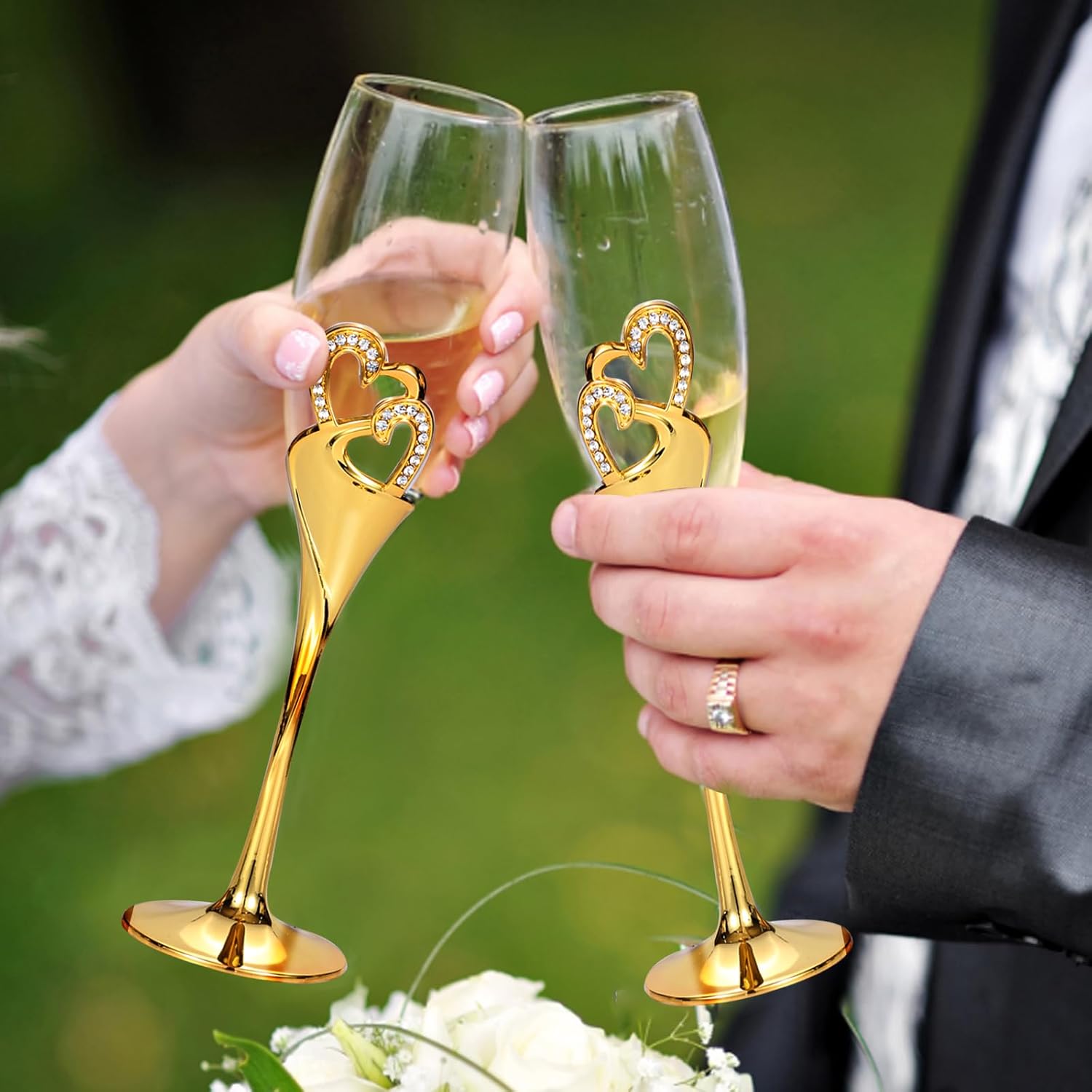 4 Piece Champagne Flutes and Cake Knife Server Set, Bride & Groom Toasting Flutes with Cake Cutting Set, Diamond Champagne Glasses Set for Wedding Reception or Anniversary Party, House Warming, Gold - Image 9