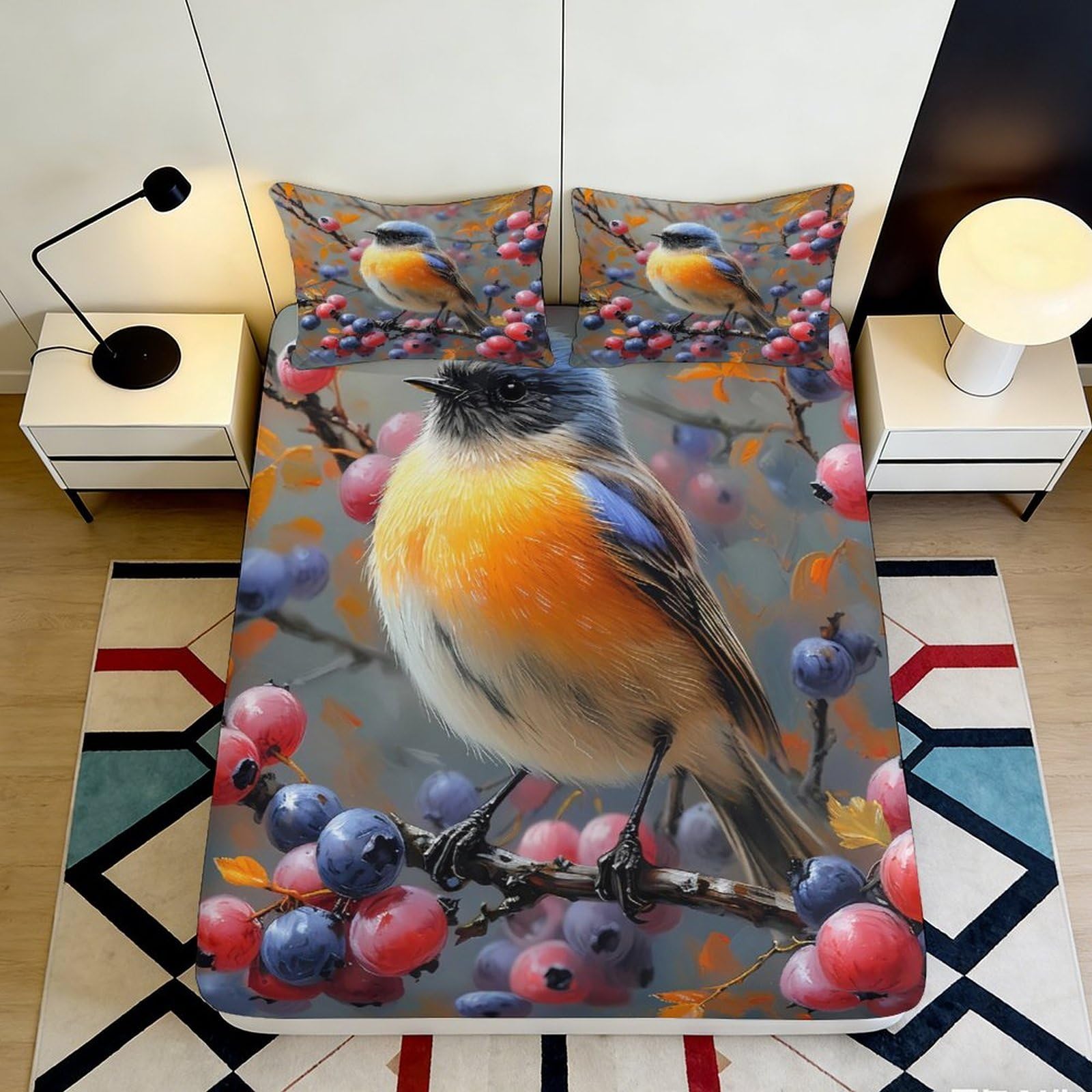 Jqzkxnhpbr Style-3 3D Printed Robin Bird Fitted Sheet Microfiber Soft Anti-Slip Berry Branch Mattress Cover For Bedroom Decor 90X200x25cm
