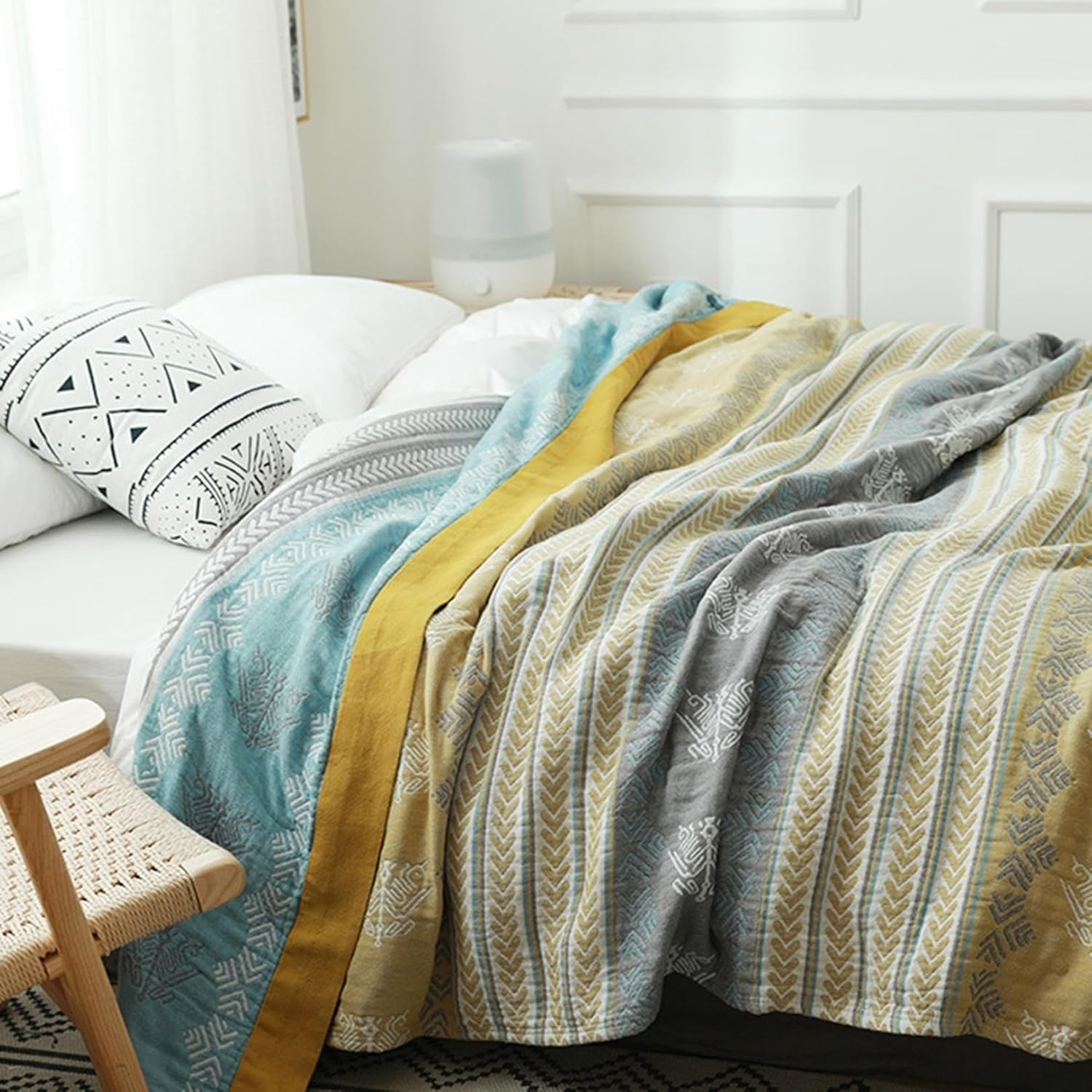 ブランケット 五層綿糸 毛布 150cm*200cm 春夏秋冬 綿100％ 薄手 麦穂紋理 大判 軽量 柔らかく肌触り 吸湿発熱 肩