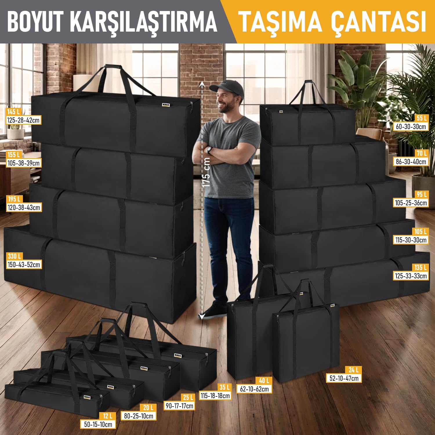 Haegs Taşıma Çantası, Çok Amaçlı Küçük Alet Çantası, Fermuarlı Dayanıklı, Kamp Malzemeleri Saklama Çantası, 12L (50 x 15 x 10 cm) Siyah