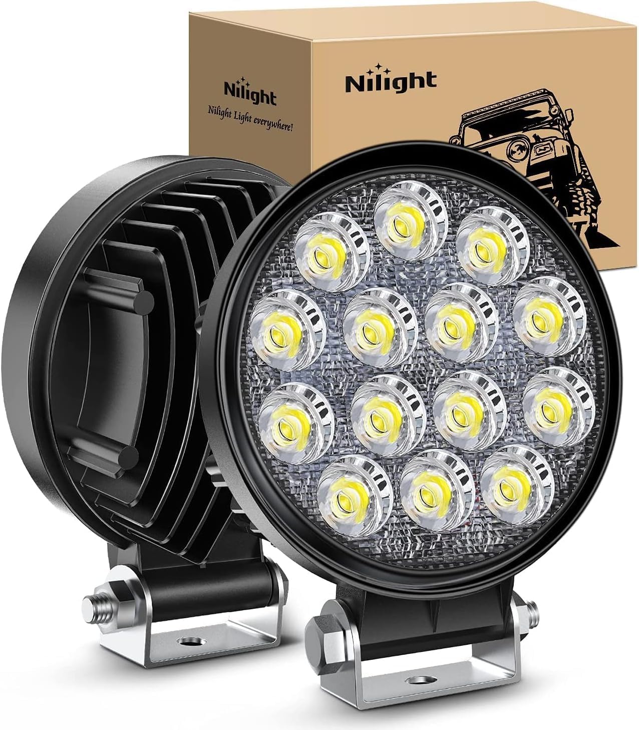 LED Pods 2Pcs 4.5Inch 42W 4200LM Round Flood Light Off Road Lights Fog Lights Driving Roof LED Light Bar Work Light for ATV UTV SUV Truck Boat (15017C-B)