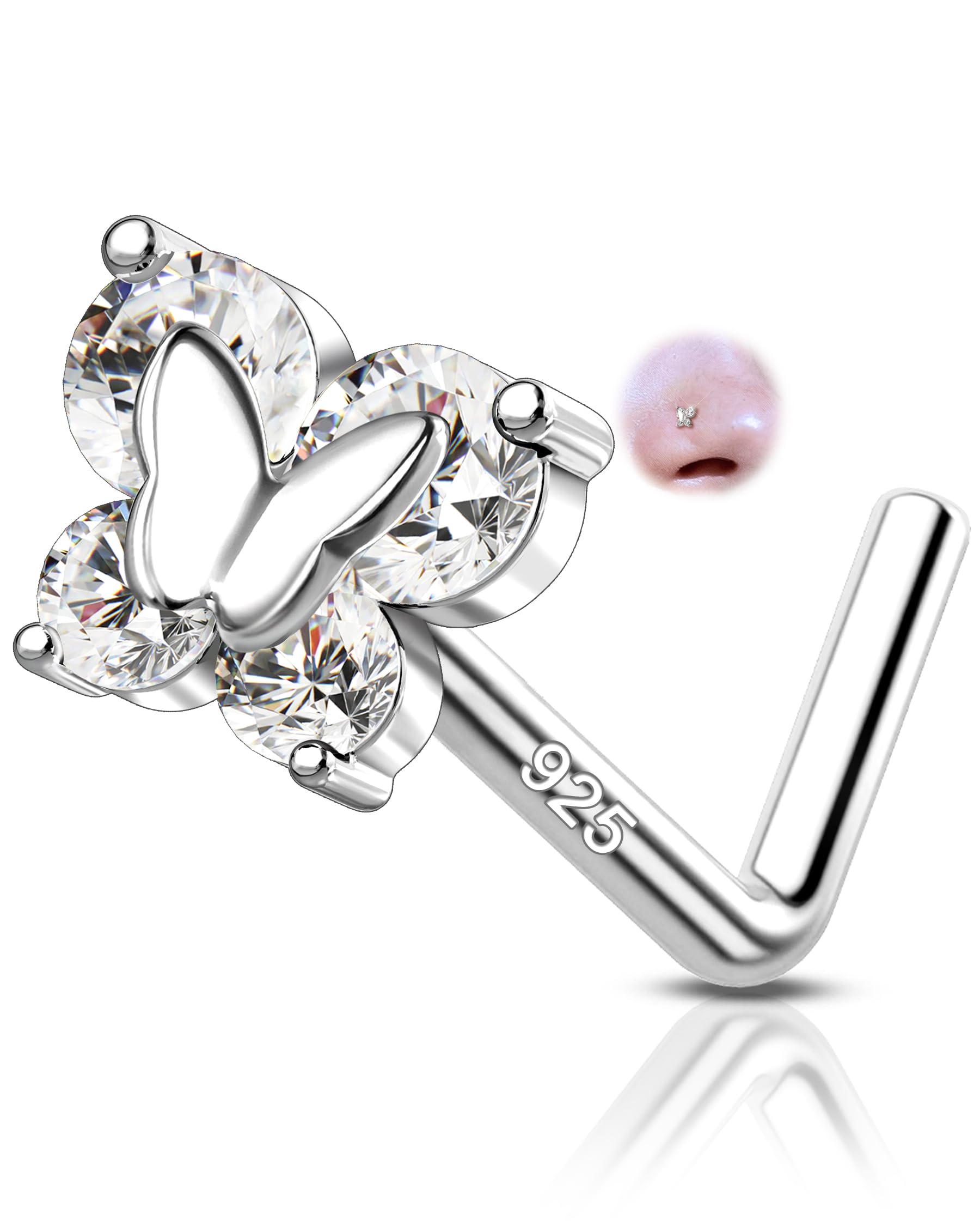 OUFER Piercing Nez 925 Argent Sterling Nose Piercing Jewellery L-Forme 20G Percing au Nez 7mm Vis Minimaliste CZ Transparent Bijoux pour Nostril pour Femmes