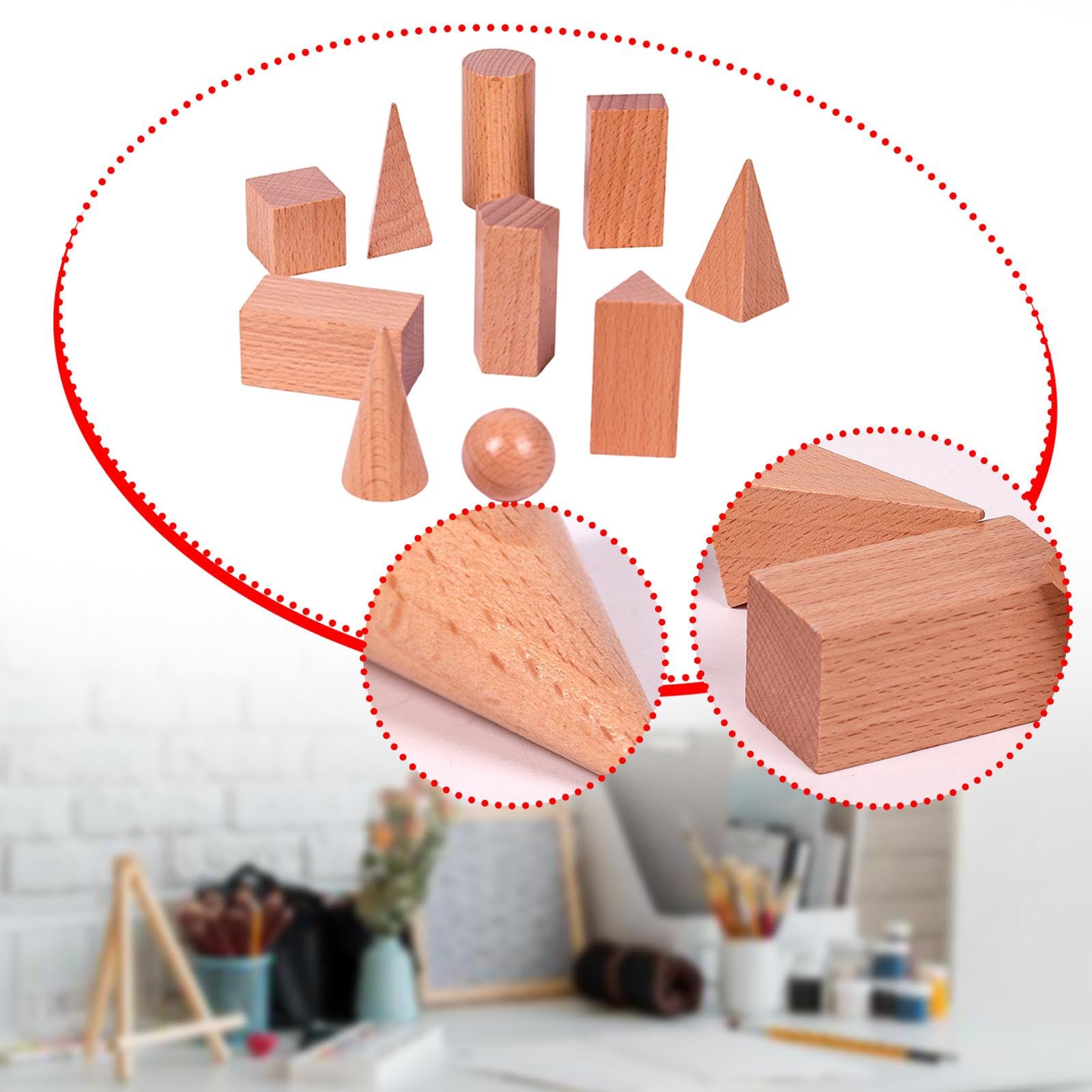 Sharplace 10 Figuras de Formas 3D, Sólidos Geométricos de Madera, Juego de Bloques de Patrones de Aprendizaje Montessori Sólidos para Preescolar, Aula, Primaria, Hogar y Escuela