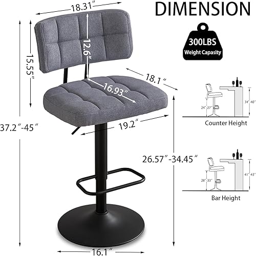 Miniatura 2 de Juego de 2 taburetes de bar giratorios de altura ajustable, taburetes de barra de tela de lino sin brazos con reposapiés para cocina, hogar, bar,